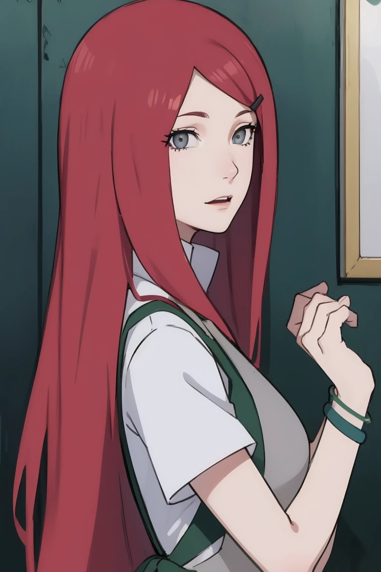 {-erro_de_anatomia:1.0} kushina, kushina, long hair, hair ornament, red hair, red head, hairclip, (grey eyes:1.5), BREAK shirt, dress, jewelry, white shirt, short sleeves, apron, bracelet, green apron, collar, BREAK looking at viewer, upper body, full body, cowboy shot, BREAK indoors, BREAK (masterpiece:1.2), best quality, high resolution, unity 8k wallpaper, (illustration:0.8), (beautiful detailed eyes:1.6), extremely detailed face, perfect lighting, extremely detailed CG, (perfect hands, perfect anatomy),backwards, looking back