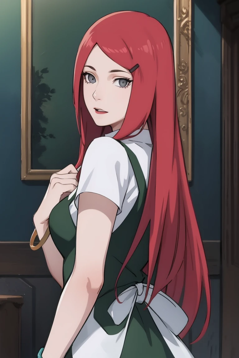{-erro_de_anatomia:1.0} kushina, kushina, long hair, hair ornament, red hair, red head, hairclip, (grey eyes:1.5), BREAK shirt, dress, jewelry, white shirt, short sleeves, apron, bracelet, green apron, collar, BREAK looking at viewer, upper body, full body, cowboy shot, BREAK indoors, BREAK (masterpiece:1.2), best quality, high resolution, unity 8k wallpaper, (illustration:0.8), (beautiful detailed eyes:1.6), extremely detailed face, perfect lighting, extremely detailed CG, (perfect hands, perfect anatomy),backwards, looking back