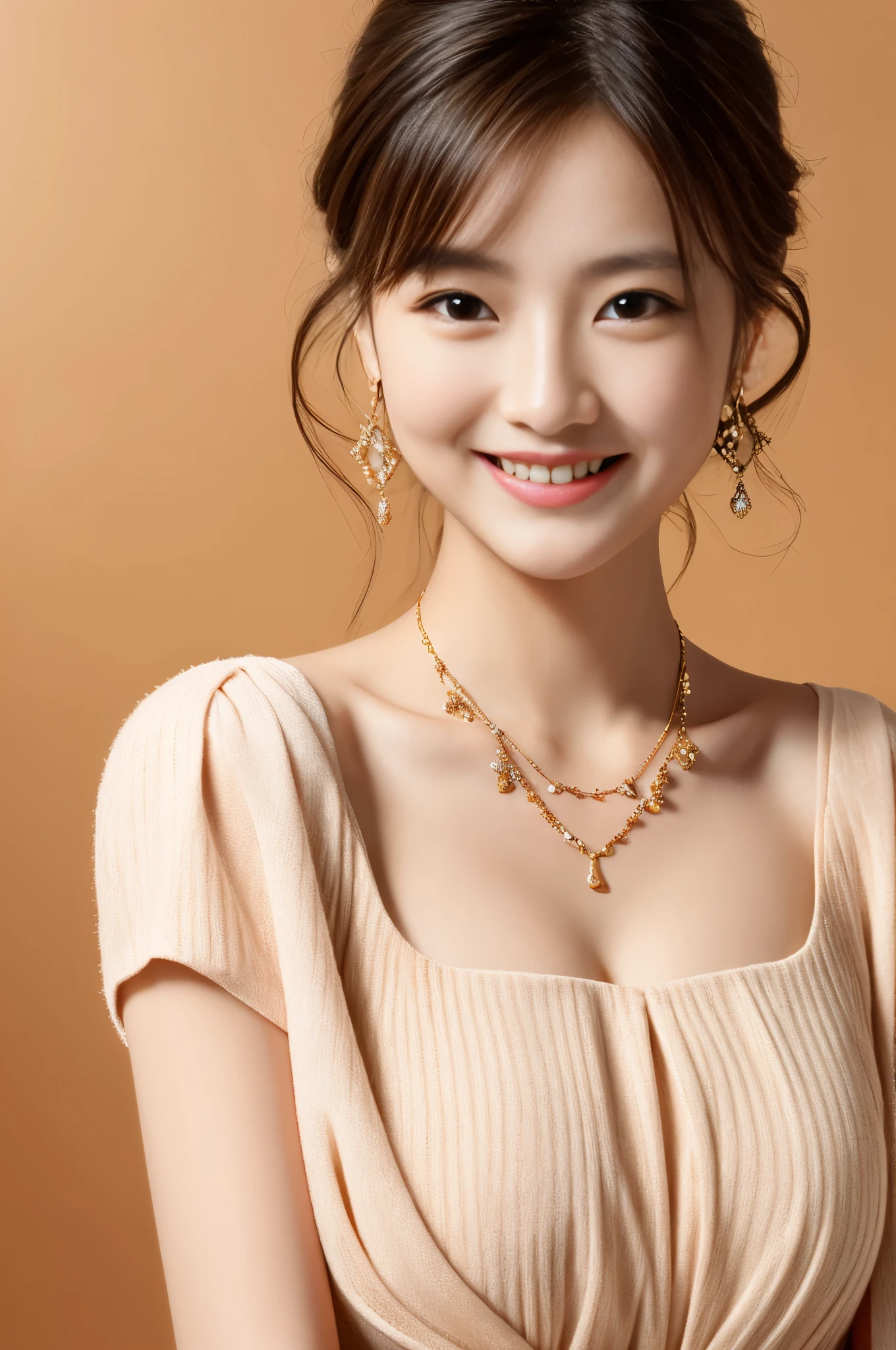 high resolution、High resolution、one japanese woman、21-year-old woman、masterpiece, 4k, highest quality, FELute, necklace,casual dress, (Photo studio),bracer, cowboy shot, look viewer, smile gently、necklace、earrings、bracelet、pretty stylish woman、realistic skin texture、brown with highlights