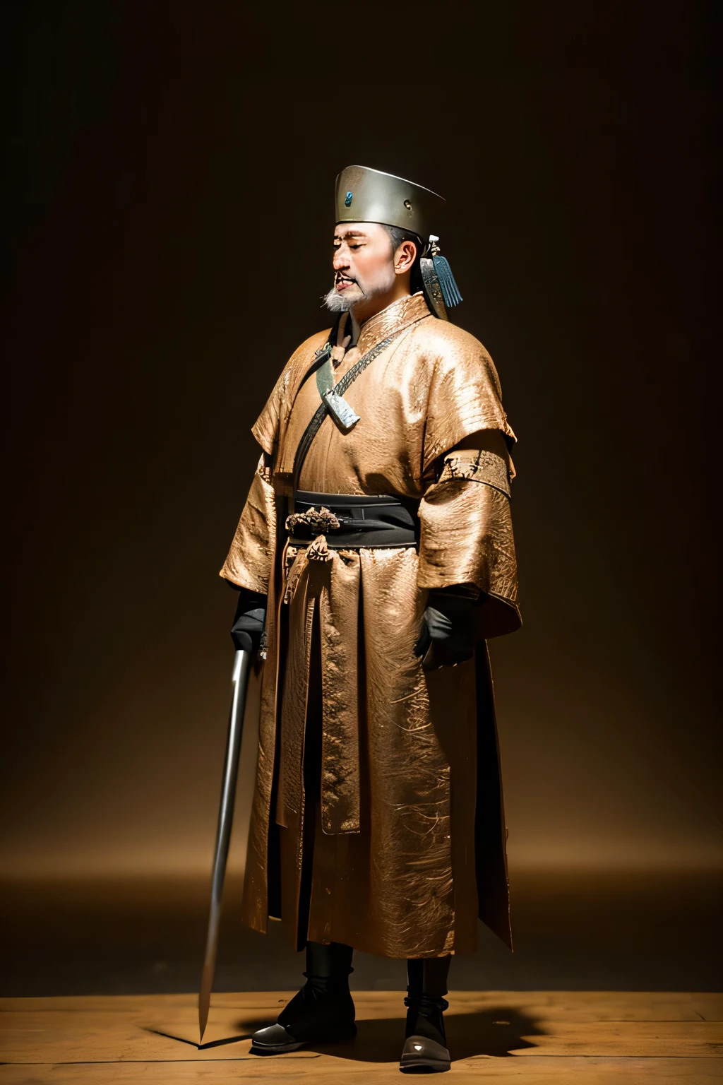 Produce a historically accurate representation of ancient China, circa 200 BC, portraying Emperor Qin Shi Huang at his actual height of 4 feet 11 inches. Capture the atmosphere of the time, showcasing how the emperor's height influenced the 18 laws and the societal dynamics surrounding stature