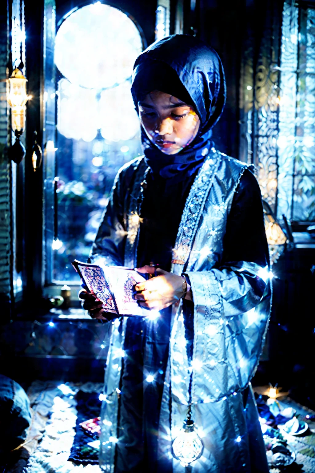 best quality, highly detailed, masterpiece, ultra-detailed, A boy wearing Muslim clothes with a kopyah, is reciting the Quran in the evening, on a prayer mat, illuminated by petromax lamps, moonlight through the window, in a simple house, front view photo, shot on Canon EOS ar--16:9