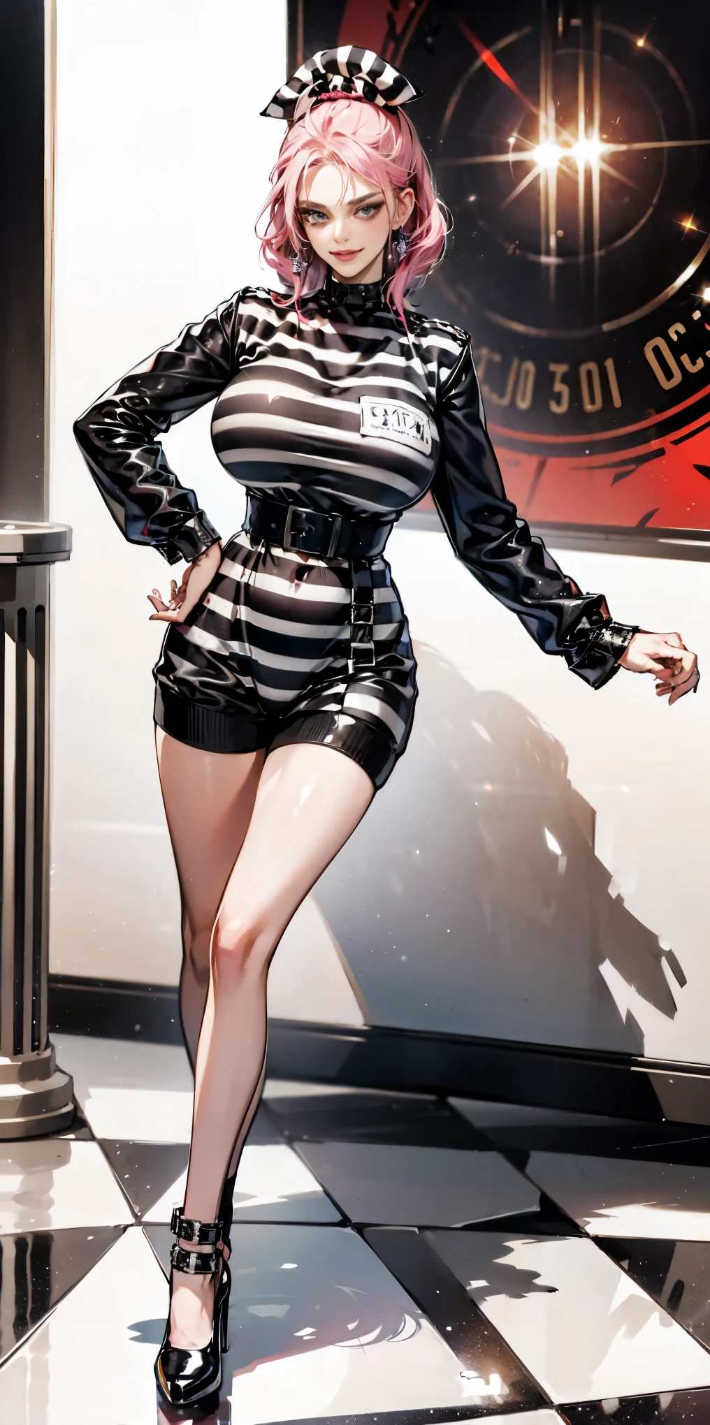 ((Masterpiece, best quality)),edgQuality,smirk,smug,bimbo glossy, edgHJ,striped clothing, a woman in a jail outfit posing for a picture ,wearing edgHJ,
