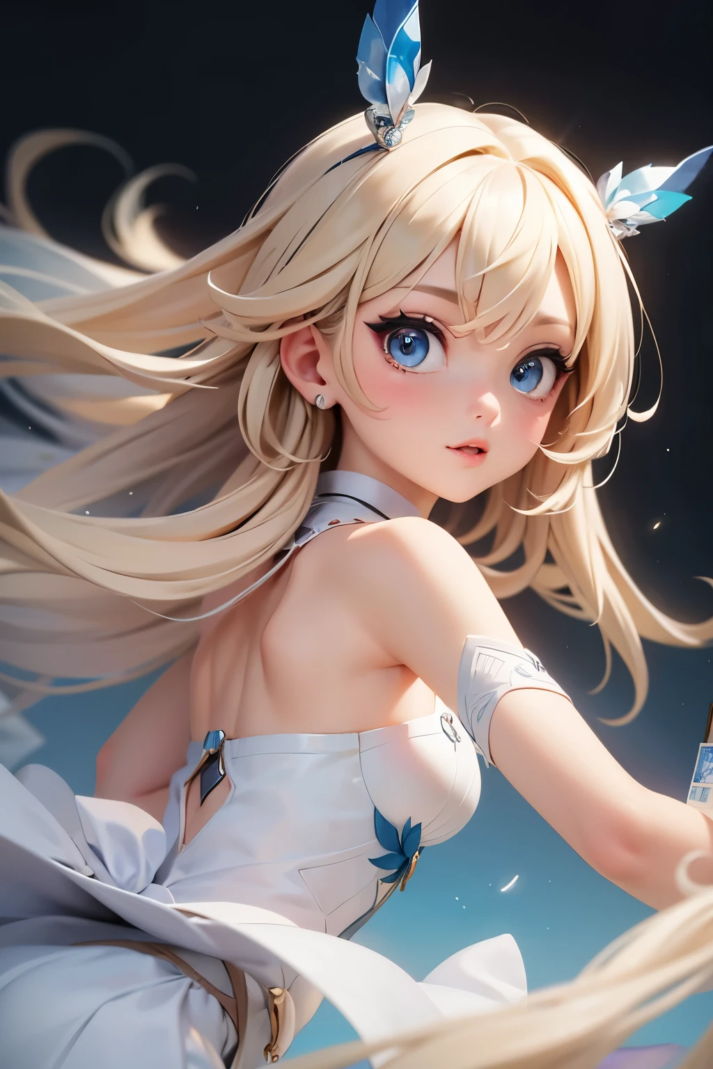 This is art that looks like a book cover. The background is a pale color and has an abstract feel like a fractal shape. In the center is a cute girl with a dynamic pose and angle. She has semi-long hair. Her hair color is blonde and slightly wavy. She looks like a pen and ink drawing. It's two-dimensional art. Her eyes are bluish-gray, and she has very delicate and beautiful eyes. Her eyes are sparkling. She looks hopeful. Convert it to a pastel painting.