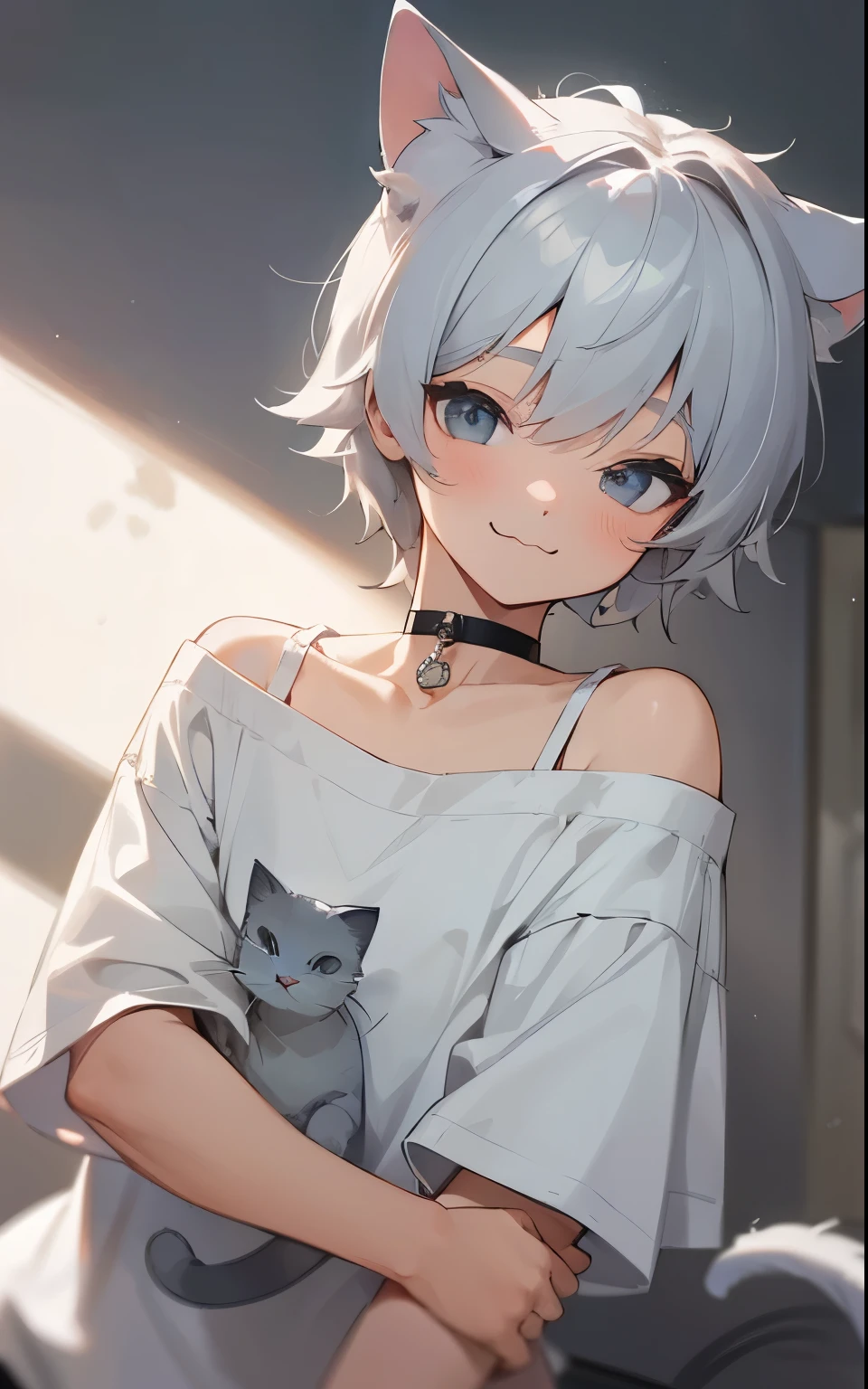 , cute, grey short, white t shirt, choker, silver hair, cat ears, smilling, :3, off shoulder shirt