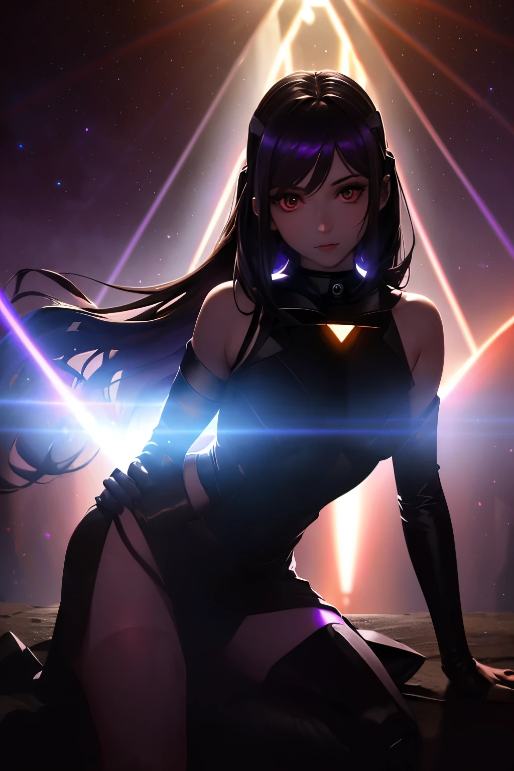 best quality, incredibly absurdres, extremely detailed, silhouette of beautiful woman illuminated by purple, blue, and red light, (Tyndall effect:1.7), dark fantasy, dark room