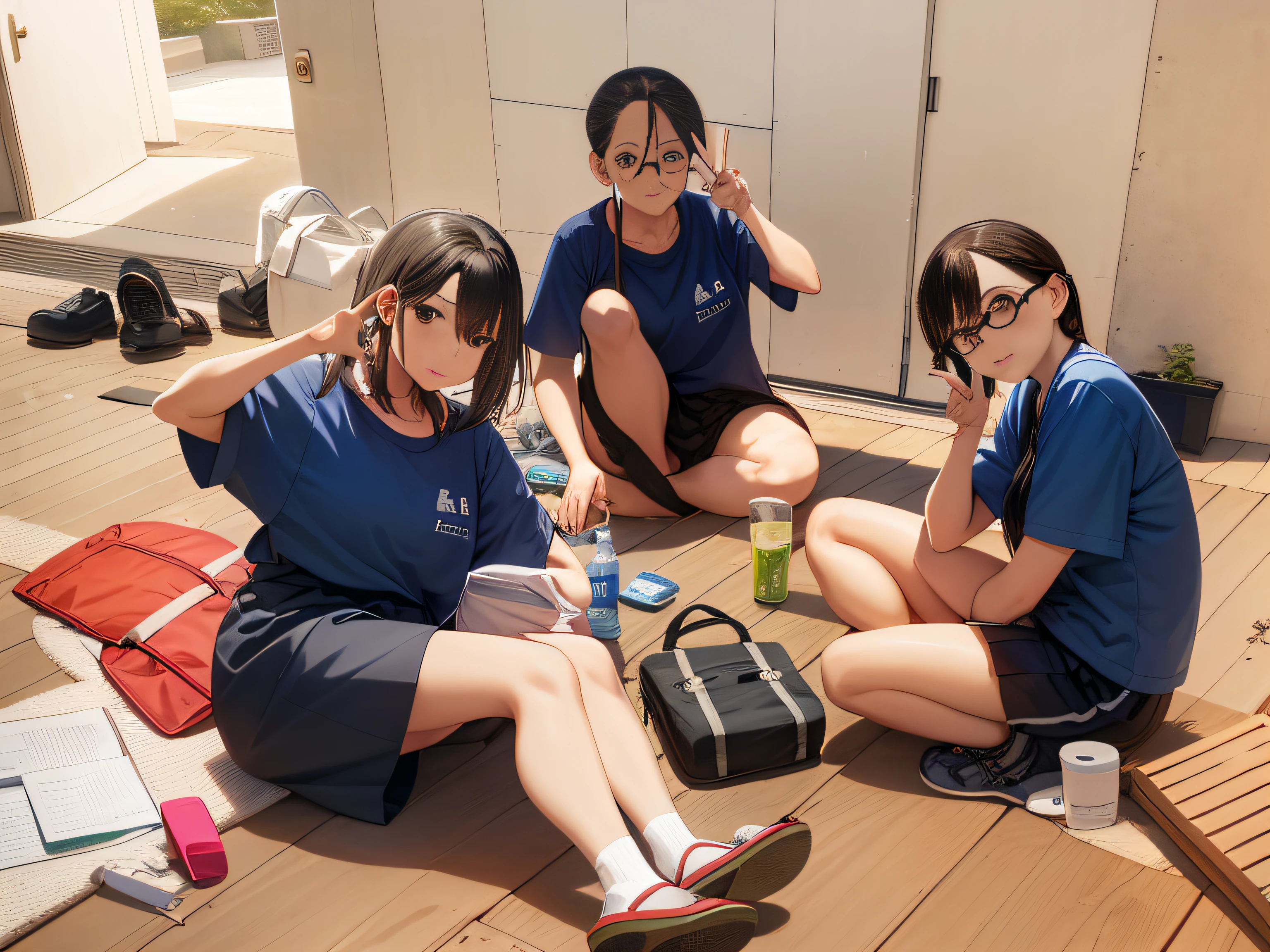 Three people sitting on the floor with bags and mobile phones, nagatoro, ( ( By Shinkai Makoto ) ), Kantai Collection Style, 🚿🗝📝, summer morning, trending on cgstation, girls resting, 🪔 🎨;🌞🌄, Kyoto Animation style, 8k!, do a peace sign