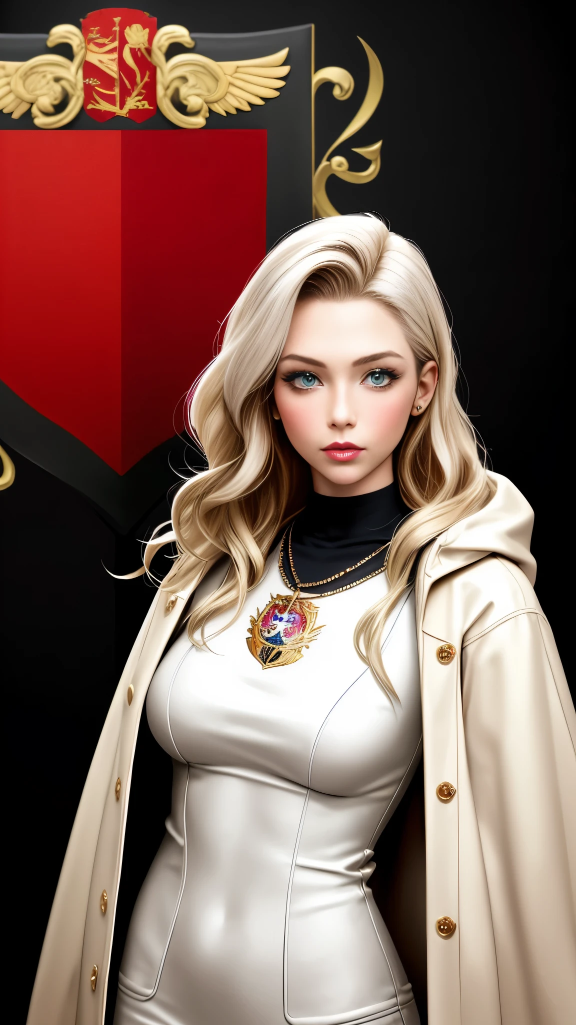 Realistic Red Sotheby Girl Photo,35 year old beautiful woman,long side waves,delicate blonde hair,cool look,background is gray,Coat of arms of the Principality of Zeon,