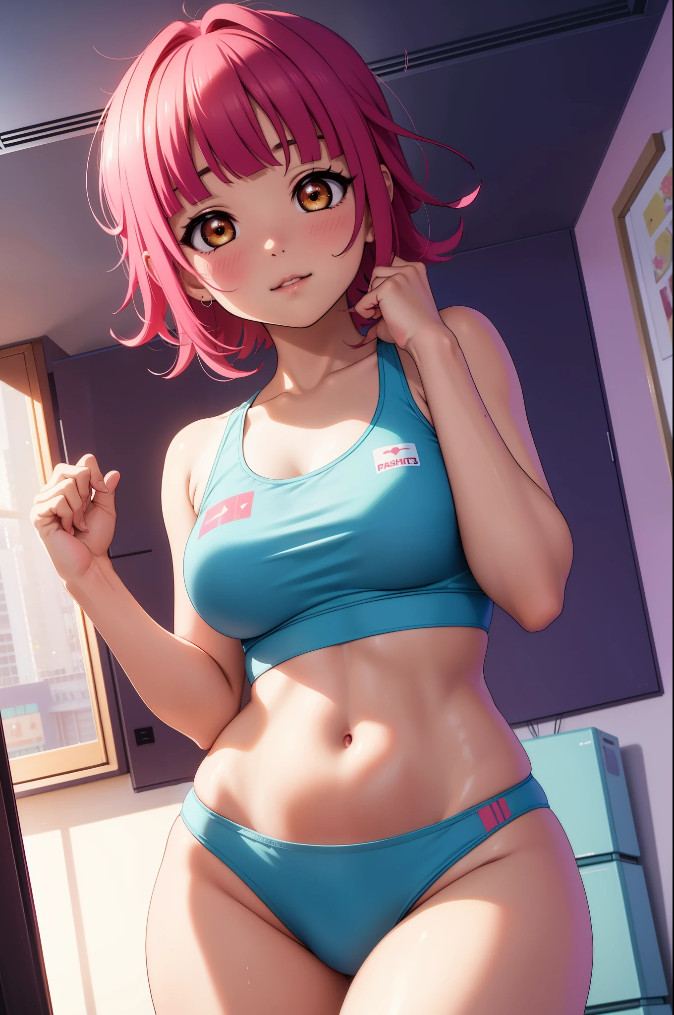 (Masterpiece, Best Quality, High Quality),(chibi:1.1),volumetric lighting, illustration, beautiful, tight , Blushing, looking at viewer, blue sports bra printed by shining stars, tight sports thong , deeply blushing,solo,confident, seductive, (embarrassed pose:1.1), perfect lighting, perfect shadows, flower, (breathtaking scenery:1.1), tennouji rina, in her boyfriend room, Egyptian, short hair 