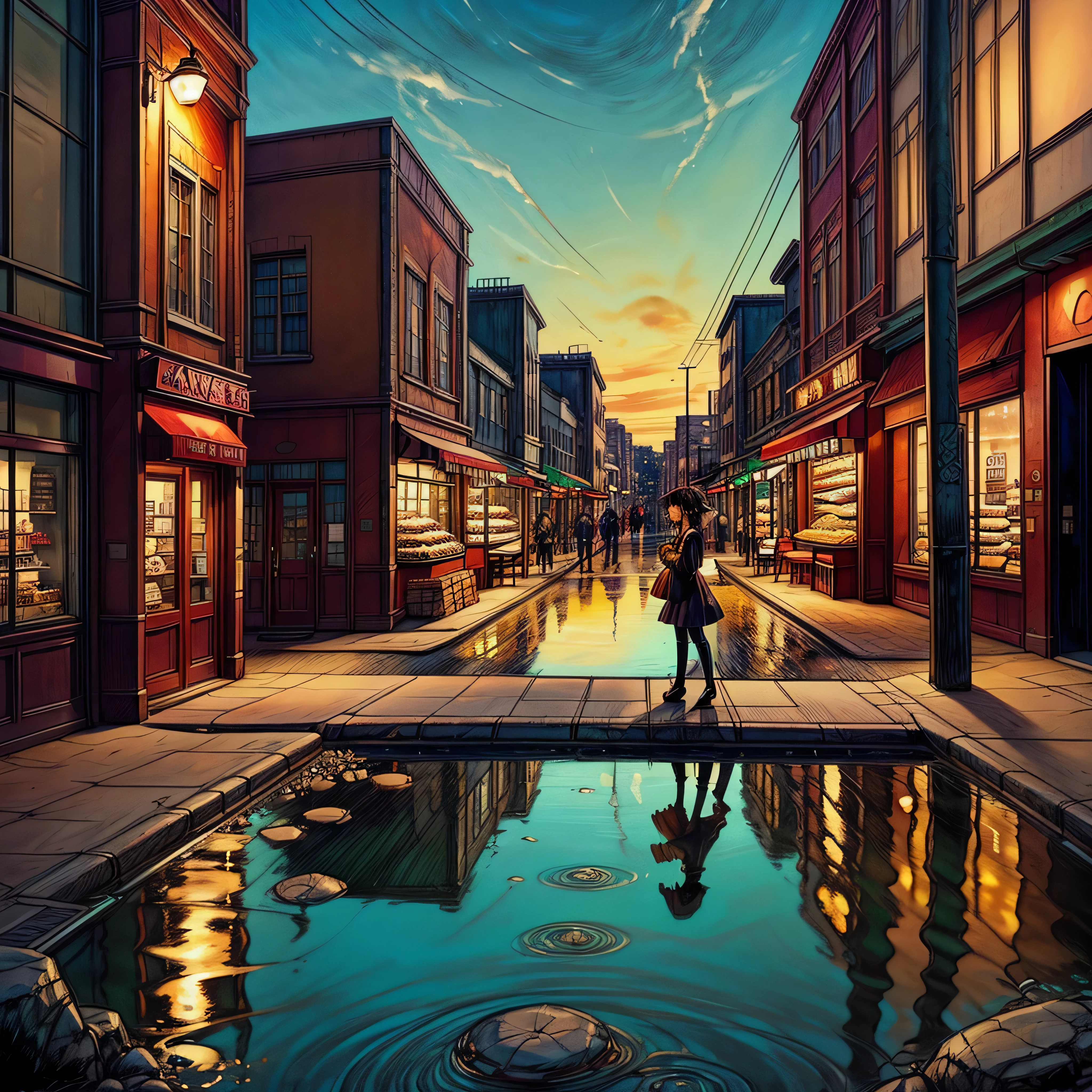 City flower shop, potted plants, flower, rainny night,water reflection puddle,oriental design, hanging lights , digital painting, sunset,wind up,concept art, illustration, intricate, many people, hanging lights, happy, beautiful colorful light, flower, plants ((tileset)) Anime - City street style scene, a woman waiting in front of a store, anime background art, detailed scenery - width 672, anime landscape concept art, anime style cityscape, Studio Ghibli anime style, Studio Ghibli art style, Studio Ghibli program, anime landscape, Studio Ghibli art style, Landscape artwork, Beautiful anime landscape, Forest city street, Ghibli art style, cake shop, cake shop, bakery cake shop, Makoto Shinkai style, Makoto Shinkai anime, Shinkai Makoto art style, insanely detailed, ((tmasterpiece)), absurdres, HDR, UHD, varied multi etc. --v6 --s1000 --c20 --q5 --chaos100