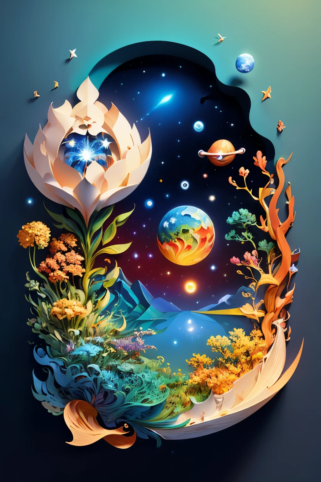 (((masterpiece))),best quality, illustration, earth, water ,fire, wind , space , paper_cut,
