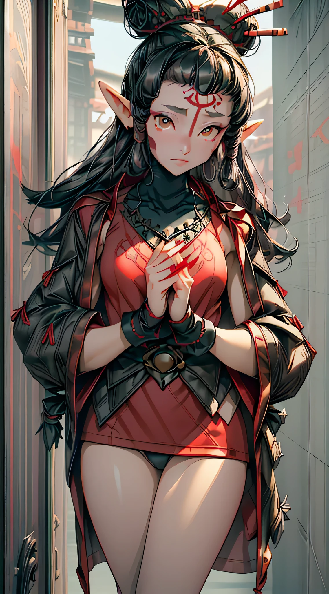 paya, cute elf ,girl, 1girl,(((little ,tiny little body,small))),((())),((anime elf  with extremely cute and beautiful black hair)),(((elf, elf ears))),

(((flat chest))),((((black hair:1.35,hair with a braid,colored inner hair,ear breathing)))),(((red_eyes:1.3))),intricate eyes,beautiful detailed eyes,symmetrical eyes,big eyes:1.5,(((lustrous skin:1.5,bright skin: 1.5,skin tanned,shiny skin,very shiny skin,shiny body,plastic glitter skin,exaggerated shiny skin,illuminated skin))),(delicate detailed fingers,detailed body,detailed arms,human hands,(detailed face)),

cute,slutty,erotic,daring,nsfw,

zettai ryouiki,revealing clothing,show skin,(((Sexy red fur coat, red fur coat outfit, wearing a red fur coat:1.3,red winter coat))), ((red mini-skirt,red mini skirt with furry edge,visible thong straps)),((underpants strap)),(white gloves,red clothes,semi-naked,with little red clothing,((((furry edge clothing)))),(((intricate outfit,intricate clothes,embroidered outfit,ornate outfit,embroidered clothes,ornate clothes))),

(dynamic pose:1.0),embarrassed,(centered,scale to fit dimensions,Rule of thirds),

inside,indoor,((cozy gothic room)),scenery:1.25,((intricate scenery)),((winter decorations)),Christmas tree,

(Glossy winter ornaments),highres,sharp focus,(ultra detailed,extremely detailed),(photorealistic artwork:1.37),(extremely detailed CG unity 8k wallpaper),(((vibrant colors,vibrant theme))),(intricate),(masterpiece),(best quality),