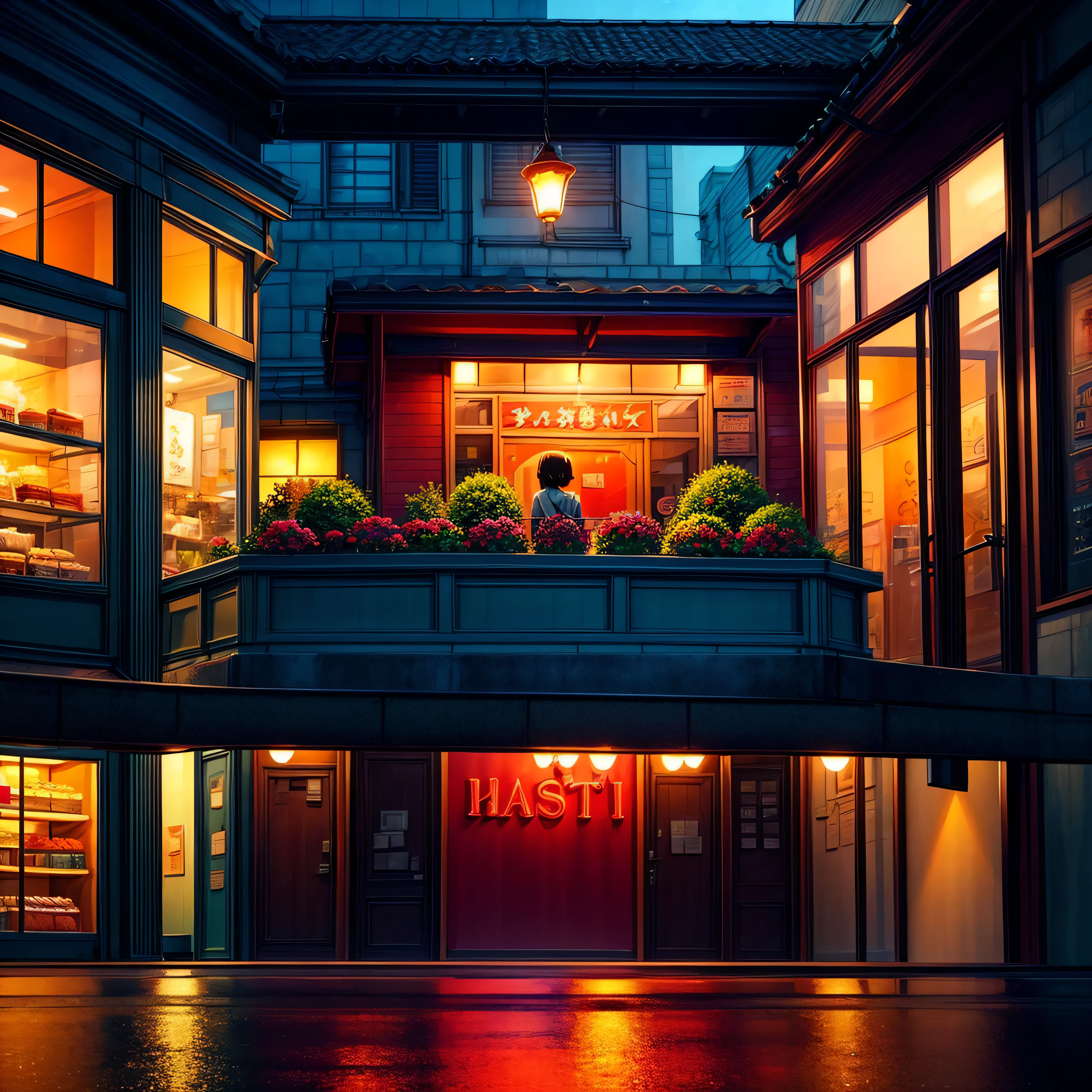 City flower shop, potted plants, flower, rainny night,water reflection puddle,oriental design, hanging lights , digital painting, sunset,wind up,concept art, illustration, intricate, many people, hanging lights, happy, beautiful colorful light, flower, plants ((tileset)) Anime - City street style scene, a woman waiting in front of a store, anime background art, detailed scenery - width 672, anime landscape concept art, anime style cityscape, Studio Ghibli anime style, Studio Ghibli art style, Studio Ghibli program, anime landscape, Studio Ghibli art style, Landscape artwork, Beautiful anime landscape, Forest city street, Ghibli art style, cake shop, cake shop, bakery cake shop, Makoto Shinkai style, Makoto Shinkai anime, Shinkai Makoto art style, insanely detailed, ((tmasterpiece)), absurdres, HDR, UHD, varied multi etc. --v6 --s1000 --c20 --q5 --chaos100