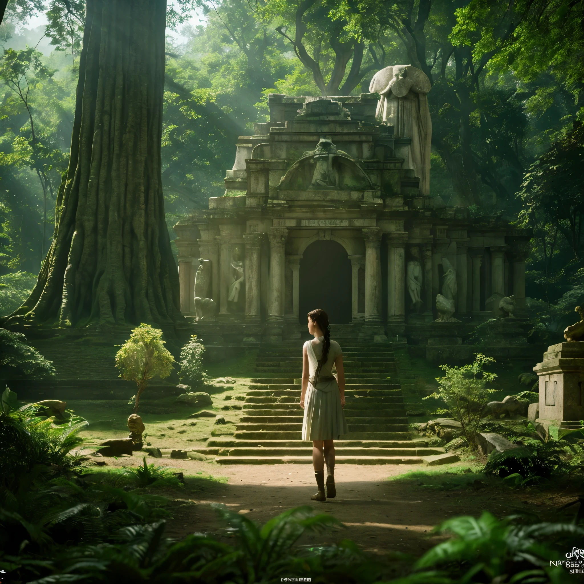 There is a statue in the middle of the forest, stone eyes, Oxagian 3D epic, movie「tomb raider」Than, Written by Simon de Vlieger, ancient sacred buildings, monster mask, Anamorphic widescreen, Photorealistic - N 9, Neo-Andean architecture, PS2 graphics, Today's featured photos 4k, sight trance