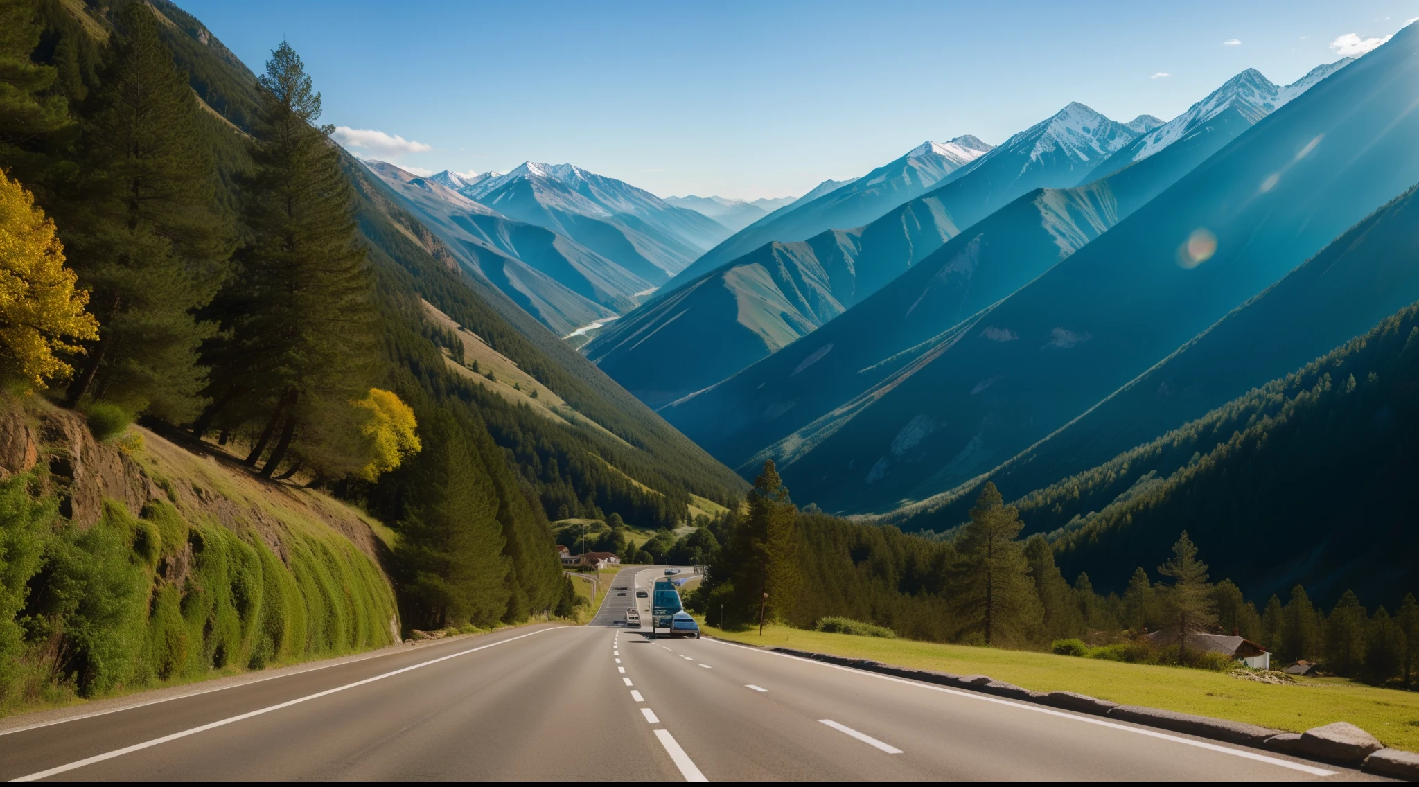 The road is covered with magnificent trees on both sides of the mountains and the road ends at the sea.