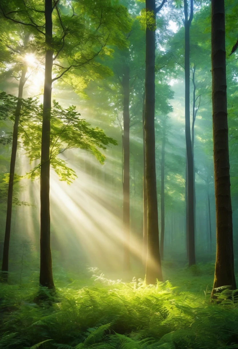 Create an image that vividly captures the Tyndall Effect in a serene forest setting. Show sunlight filtering through a dense canopy of trees, illuminating tiny particles in the air and creating a breathtaking display of scattered light.
Guidelines:
The scene should be set in a lush, green forest with tall trees.
Sunlight should be streaming through breaks in the foliage, creating beams of light.
The air should be filled with subtle mist or haze, visible as a gentle, ethereal glow.
Capture the Tyndall Effect: depict the sunlight hitting suspended particles like dust, pollen, or moisture in the air, scattering the light and creating a visible beam.
Convey a sense of tranquility and magic, as if the forest is alive with dancing particles of light.
Birds or other forest creatures can be subtly hinted at in the background, enhancing the natural ambiance.
Ensure the overall tone is peaceful and harmonious, showcasing the beauty of nature's phenomena.