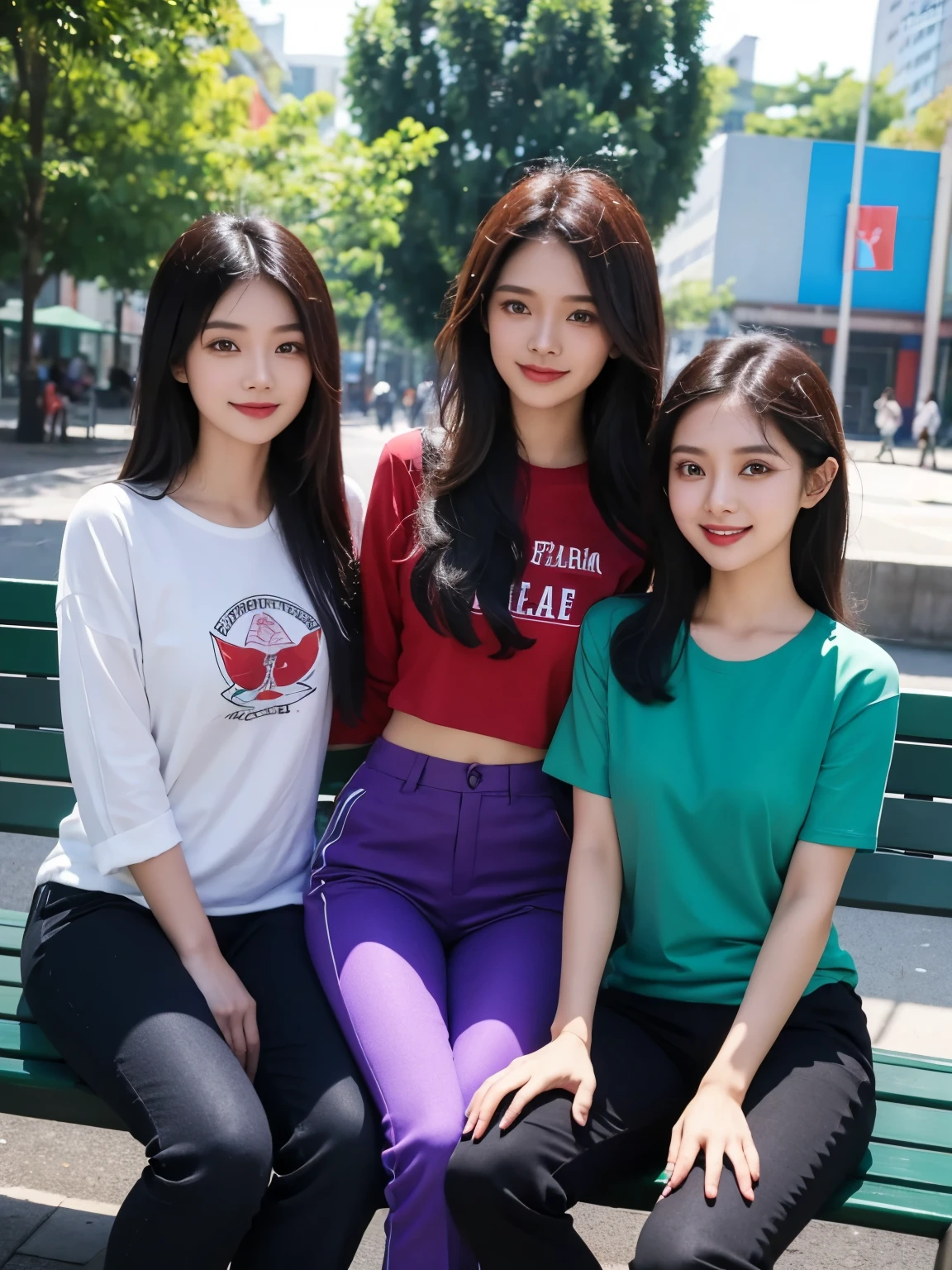 4 beautiful Indonesian girls, 25 years old, long black hair, wearing purple, red, blue and green clothes, written "GFE", black pants, sitting on a park bench, smiling faces, laser red hologram screen background that says "GFE"