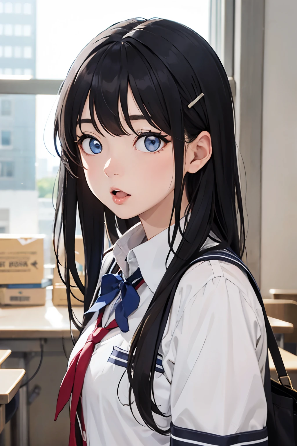 Looking sideways, looking at you, clear blue eyes, long black straight hair, reddish cheeks, hairpin, school uniform, mouth open, no make-up, shy, upper body