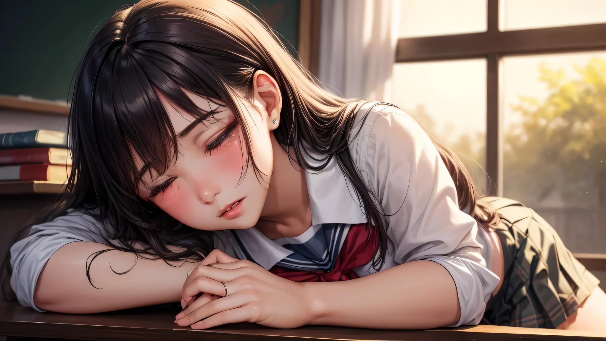 (1girl), brown eyes, (highly detailed eyes, highly detailed face), (hyper-realistic, hight resolution), (best Quality:1.4), (high school uniform, pleated mini skirt:1.2), model, Enchanting, Sublime, indoors, school, classroom, sunset, alone, (Heart shape written on blackboard with chalk:1.3), tears in her eyes, (doze off, close both eyes, streaming down her cheeks), (Close eyes:1.2)