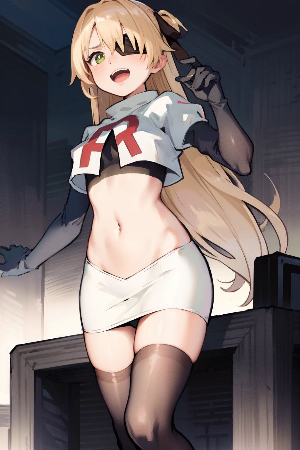 absurdres, fischl (dunkelnacht sakrament) (genshin impact), green eyes, (white pupils:1.2), fischl (genshin impact), medium_breasts, blonde hair, eyepatch, long hair, hair over one eye, bangs, hair ribbon, small breasts, 1girl, team rocket,team rocket uniform,white skirt,red letter R,crop top,black thigh-highs,black elbow gloves, laughing, happy, blush