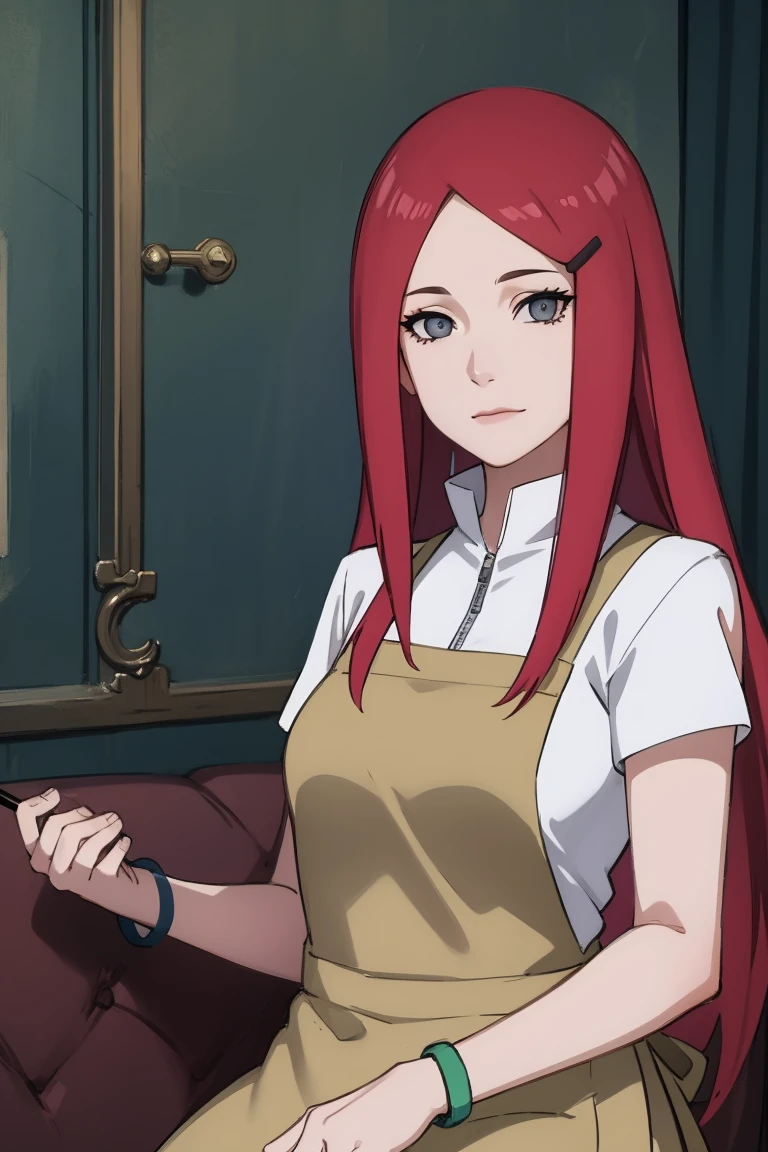 {-erro_de_anatomia:1.0} kushina, kushina, long hair, hair ornament, red hair, red head, hairclip, (grey eyes:1.5), BREAK shirt, dress, jewelry, white shirt, short sleeves, apron, bracelet, green apron, collar, BREAK looking at viewer, upper body, full body, cowboy shot, BREAK indoors, BREAK (masterpiece:1.2), best quality, high resolution, unity 8k wallpaper, (illustration:0.8), (beautiful detailed eyes:1.6), extremely detailed face, perfect lighting, extremely detailed CG, (perfect hands, perfect ),backwards, looking back