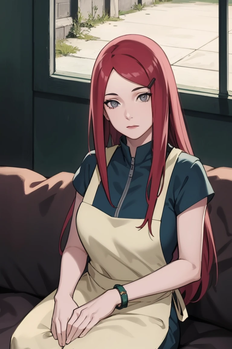 {-erro_de_anatomia:1.0} kushina, kushina, long hair, hair ornament, red hair, red head, hairclip, (grey eyes:1.5), BREAK shirt, dress, jewelry, white shirt, short sleeves, apron, bracelet, green apron, collar, BREAK looking at viewer, upper body, full body, cowboy shot, BREAK indoors, BREAK (masterpiece:1.2), best quality, high resolution, unity 8k wallpaper, (illustration:0.8), (beautiful detailed eyes:1.6), extremely detailed face, perfect lighting, extremely detailed CG, (perfect hands, perfect ),backwards, looking back