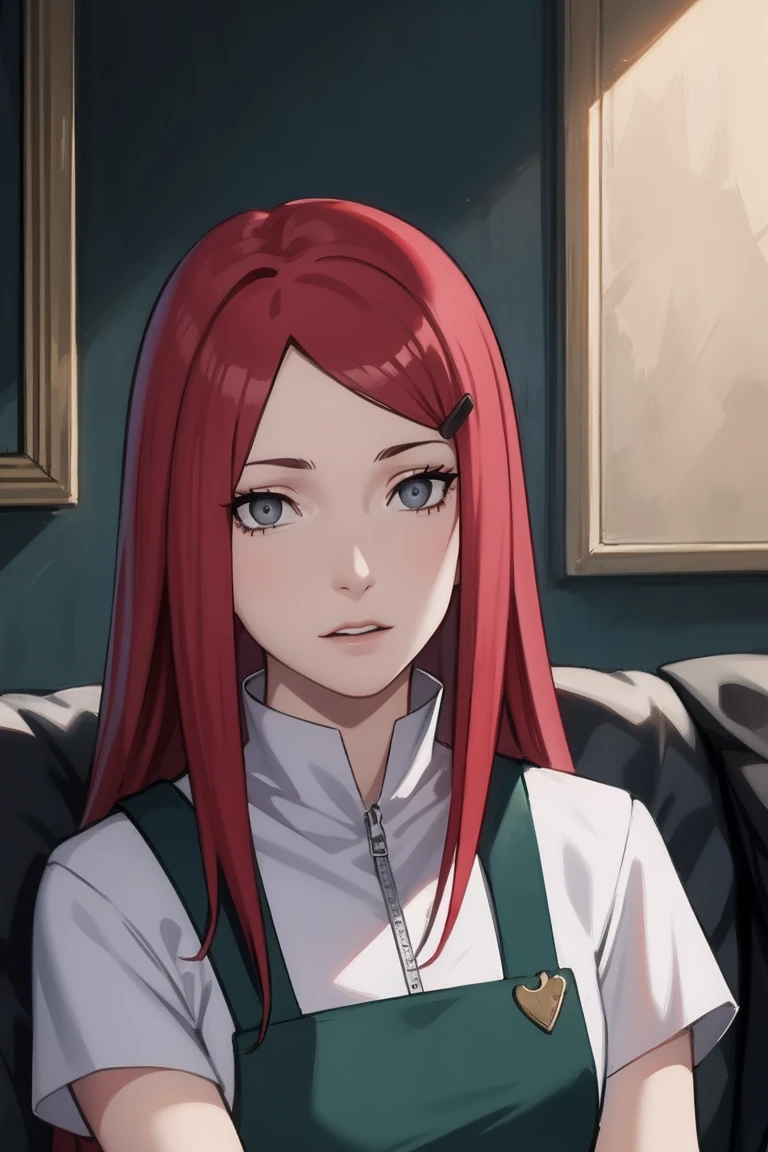 {-erro_de_anatomia:1.0} kushina, kushina, long hair, hair ornament, red hair, red head, hairclip, (grey eyes:1.5), BREAK shirt, dress, jewelry, white shirt, short sleeves, apron, bracelet, green apron, collar, BREAK looking at viewer, upper body, full body, cowboy shot, BREAK indoors, BREAK (masterpiece:1.2), best quality, high resolution, unity 8k wallpaper, (illustration:0.8), (beautiful detailed eyes:1.6), extremely detailed face, perfect lighting, extremely detailed CG, (perfect hands, perfect ),backwards, looking back