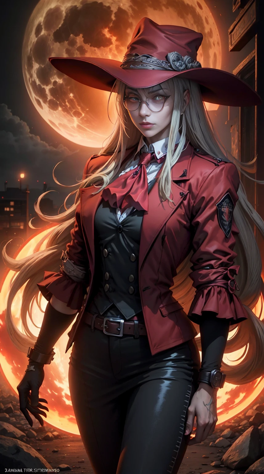 {-erro_de_anatomia:1.0}(best quality,4k,8k,highres,masterpiece:1.2) Hellsing, personagem alucard, Standing character,  sobretudo vermelho, olhos vermelhos, paisagem de noite, lua vermelha de fundo,