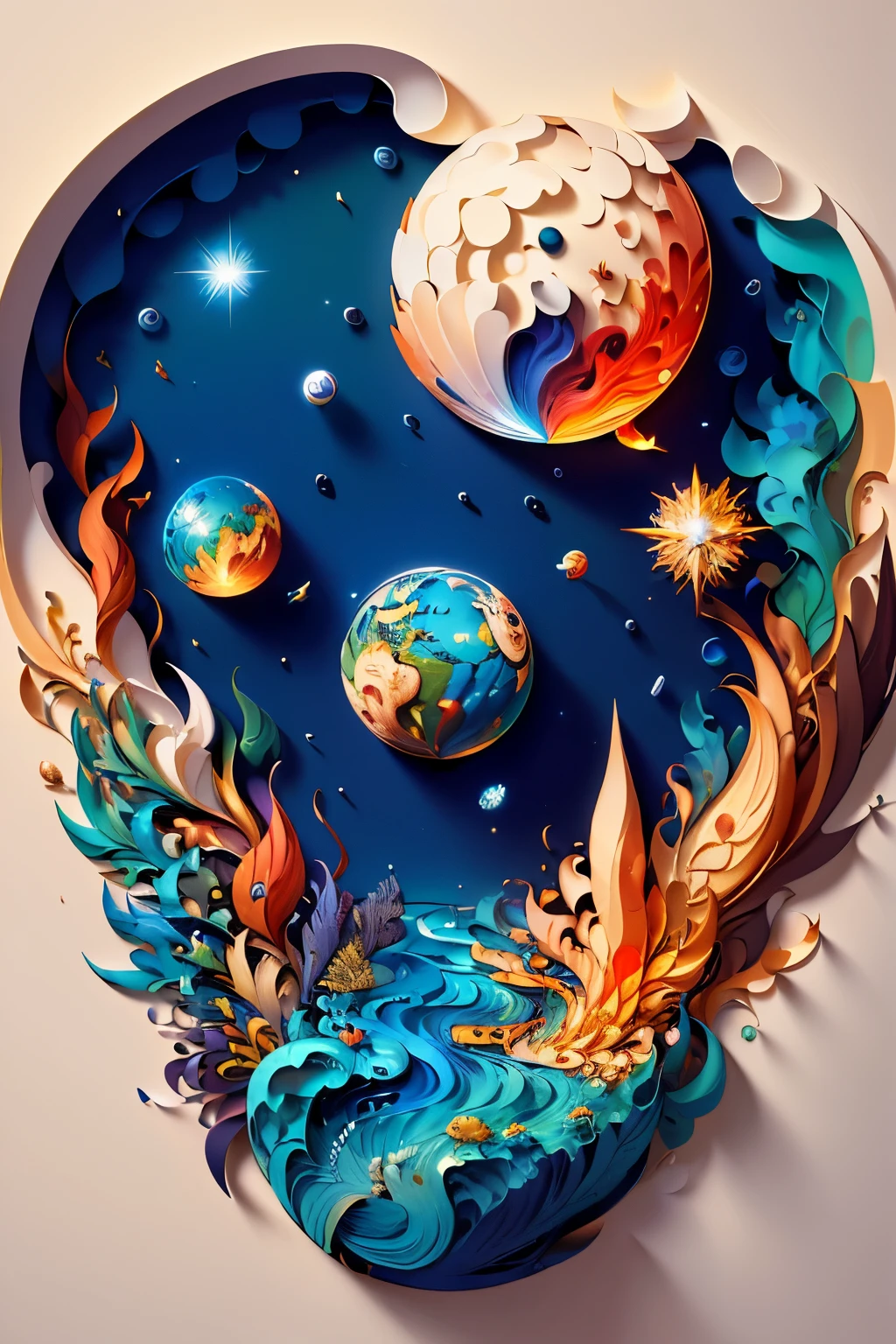 (((masterpiece))),best quality, illustration, earth, water ,fire, wind , space , paper_cut,