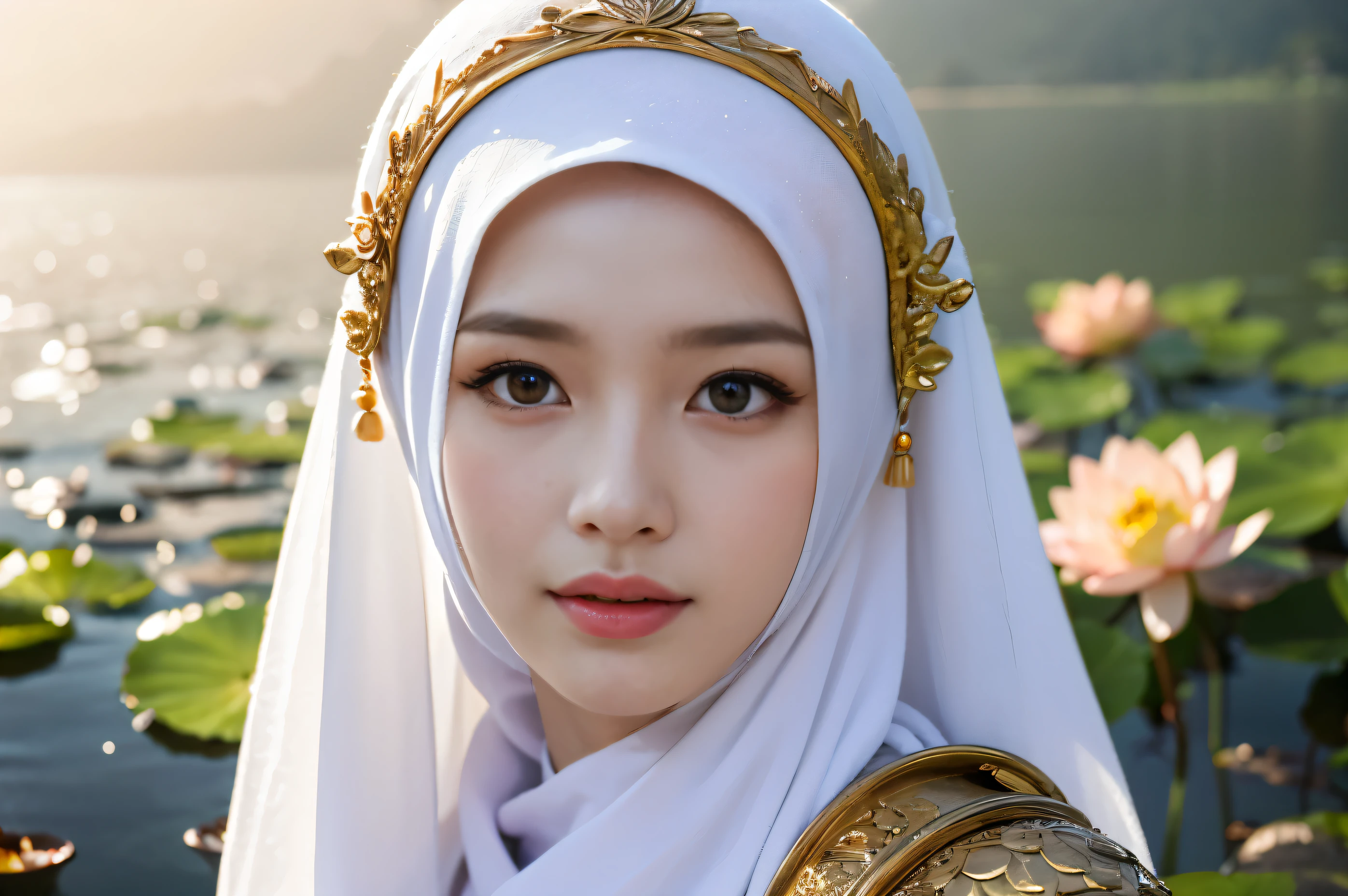 a beautiful woman, wearing cape hijab, whole body covered by battle armor, standyng on the flower garden in front yard of a mosque, holding sword, chest armor accessories, elegant style pose, kpop idol face, perfect face, perfect body, big chests,