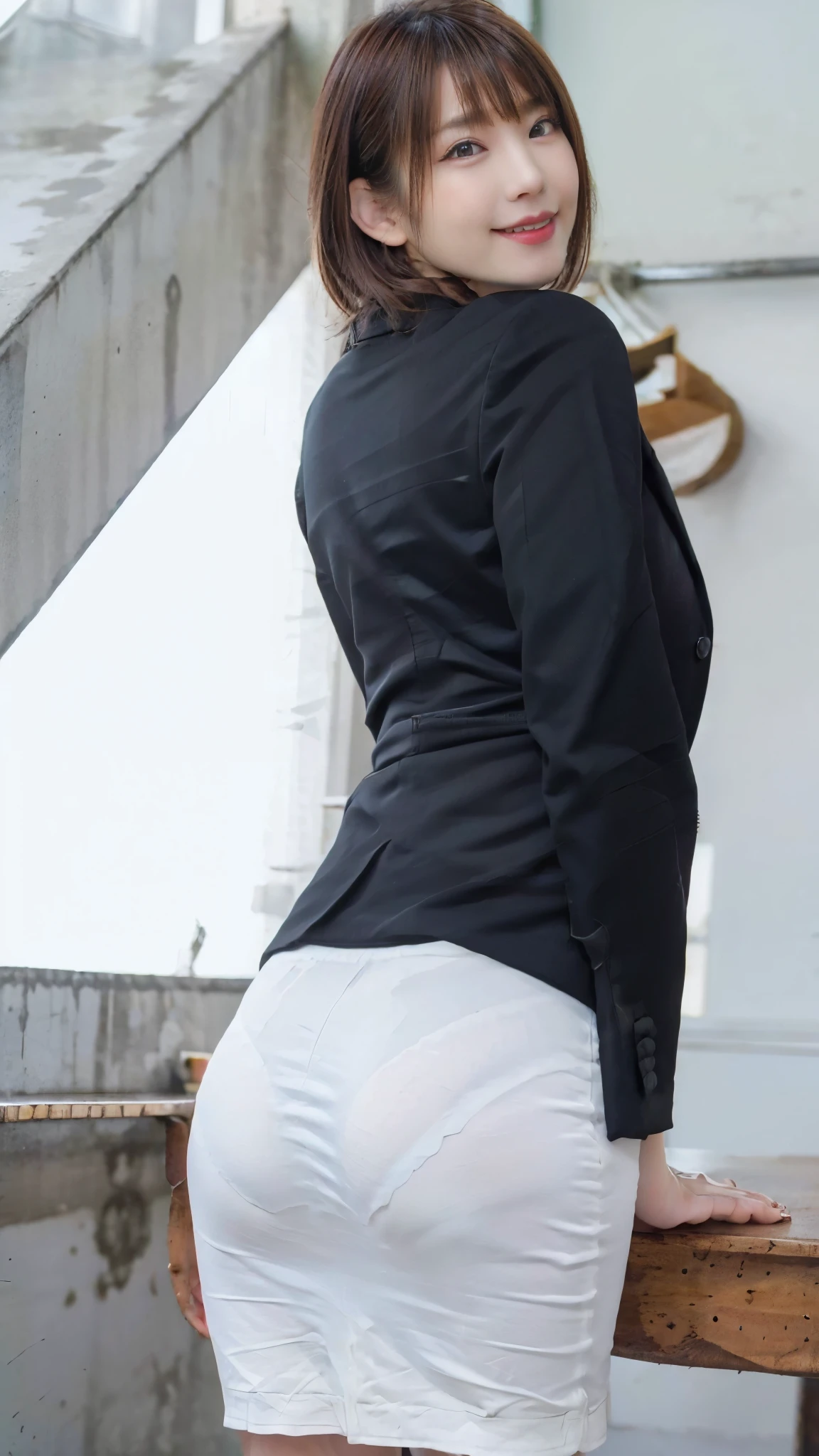 ((office room))、laughter、Beautiful Japan woman at 19 years old:1.5,(realistic、Photoreal:1.37)、(masterpiece)、(highest quality:1.4),(Raw photo:1.2)、(sharp focus:1.3)、(Sexy random pose with butt sticking out:1.2)、(One slender girl wearing a detailed pencil skirt and black suit jacket and white shirt:1.3)、(OL)、professional attire、high heels、(24-years-old:1.1)、(smile:1.3)、(make your hair shine:1.3)、 brown haired、bob cut、 short pencil skirt,Fancy makeup with red eyeshadow,
(Medium milk:1.2)、(bright daytime interior:1.2), Emphasize your butt from behind,