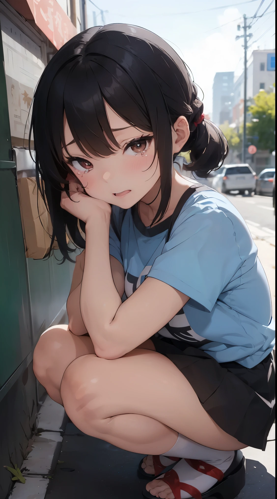 girl with、ddlers、smealisitic、Exaggerate innocent gestures、barechested、Blur the background、The best angle to make the most of cuteness、braless T-shirt and flare miniskirt、closed eyes crying because stand of in-toeing doggy style raped by very fat ugly man、NSFW
