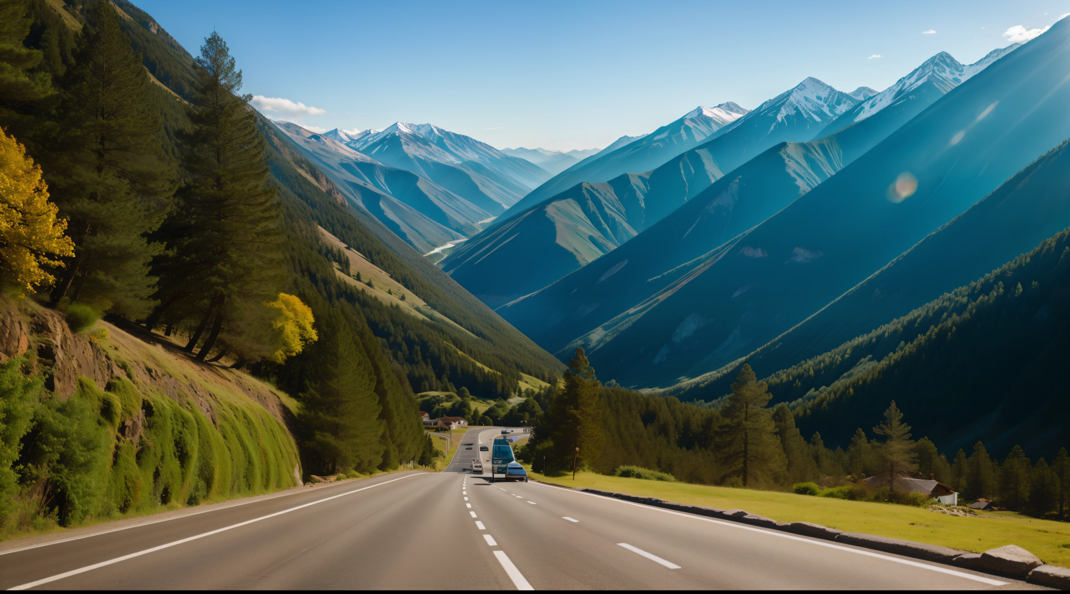 The road is covered with magnificent trees on both sides of the mountains and the road ends at the sea.