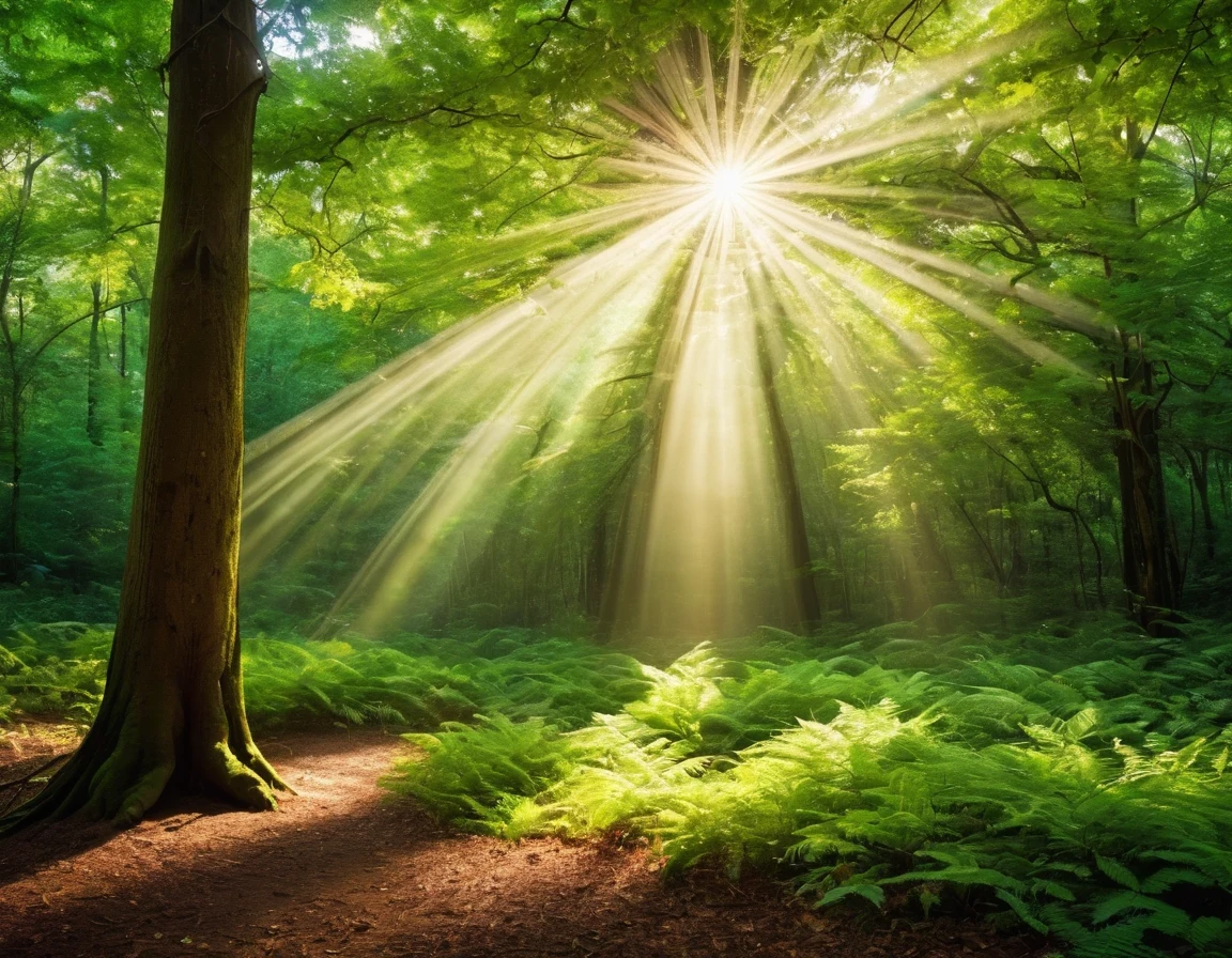 Sunlight shining through the trees in a forest with ferns - SeaArt AI