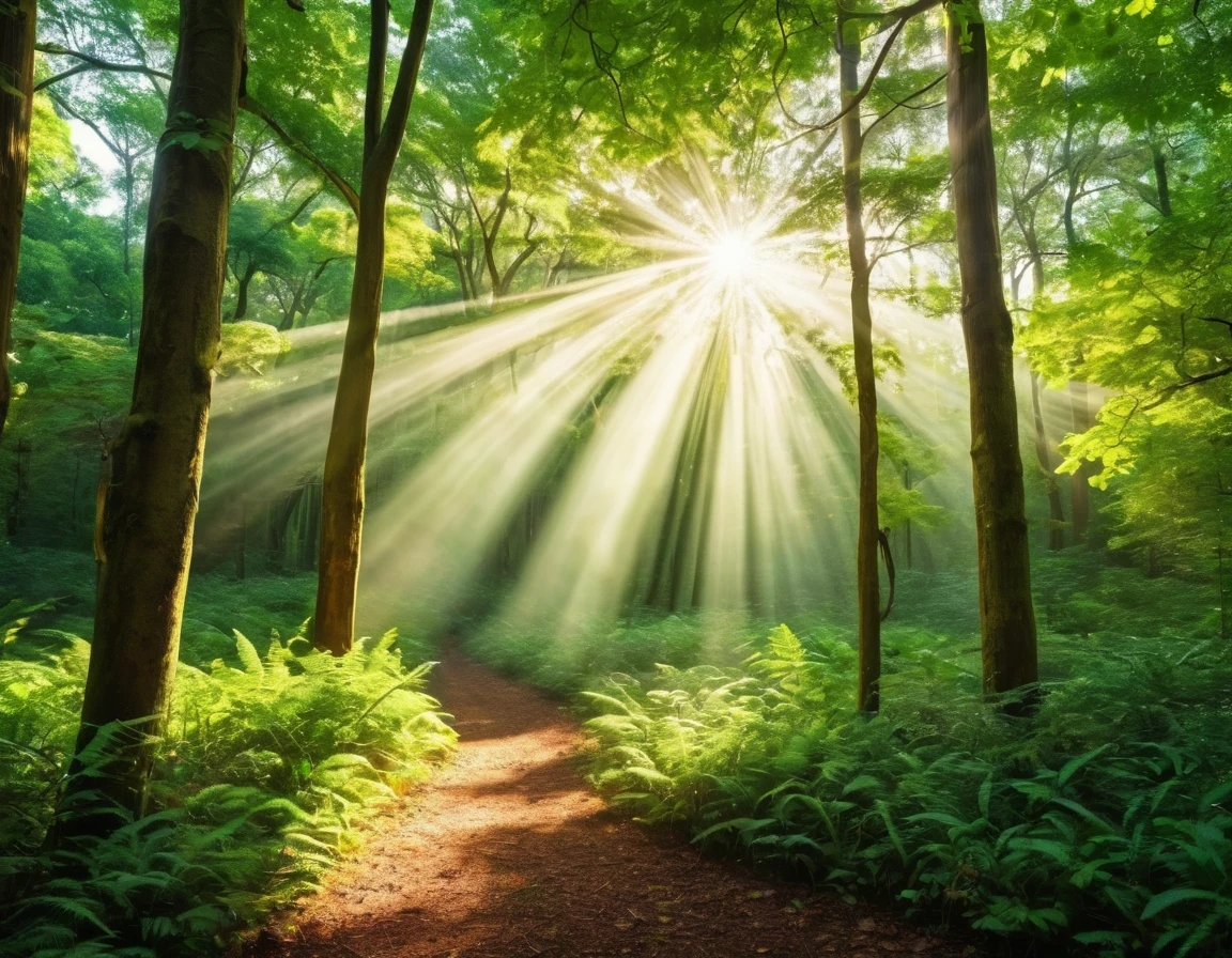 Create an image that captures the ethereal beauty of sunlight filtering through the dense foliage of a forest, showcasing the Tyndall Effect in action. The scene should depict a serene forest with lush greenery, where sunlight breaks through the canopy, creating visible rays of light and scattering particles in the air, emphasizing the phenomenon of the Tyndall Effect. The image should evoke a sense of tranquility and wonder, highlighting the interplay between light and nature in this enchanting setting.