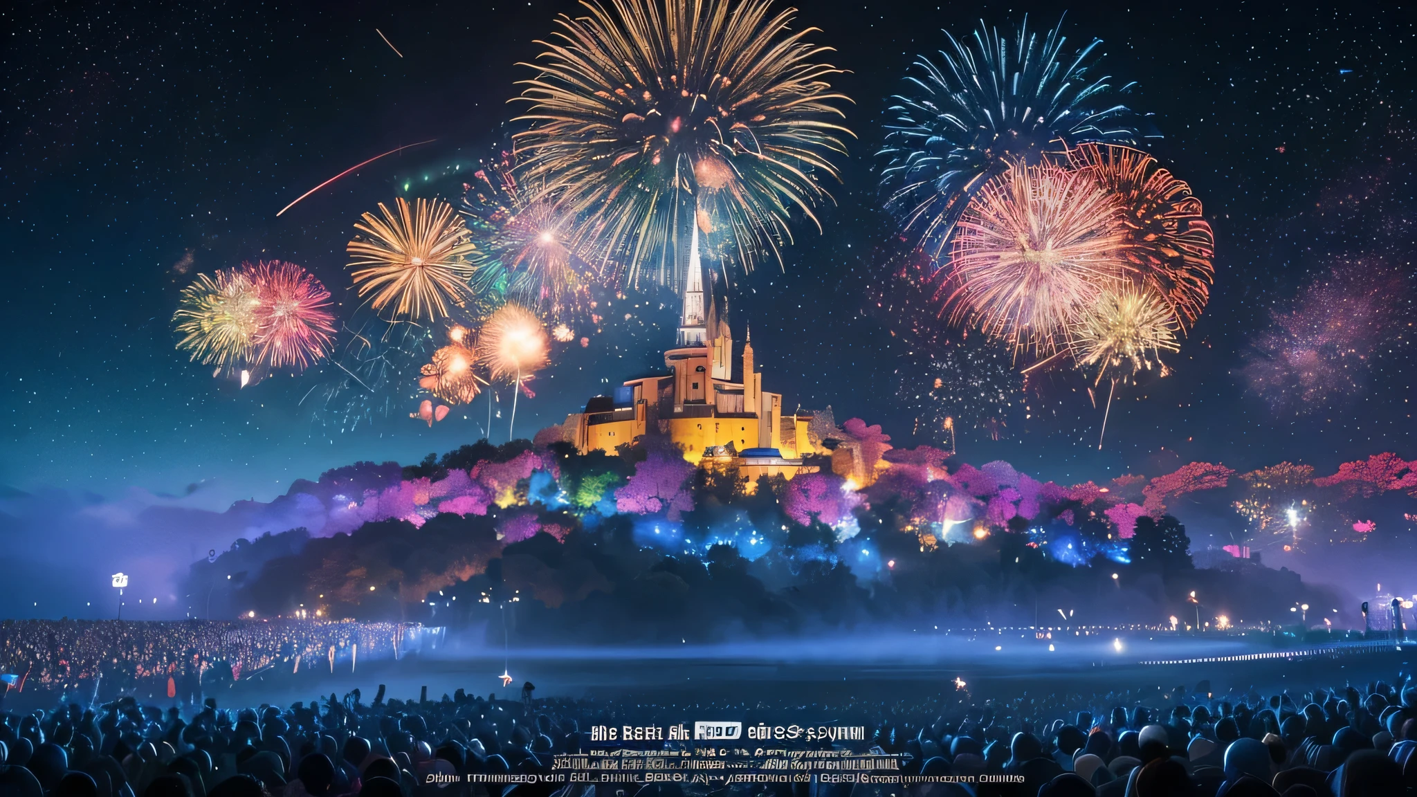 une affiche d'un grand concert rock d'été international, haut en couleur, moderne et tendance, cette affiche doit annoncer un événement majeur. Composed of'un graphiste riche en couleurs, des couleurs chaleureuses et chatoyantes. banners in the background fly like lightning, shooting stars crossing the'espace, des fleurs et paillettes de mille feux, un feux d'artifice grandiose en toile de fond 8k, HD