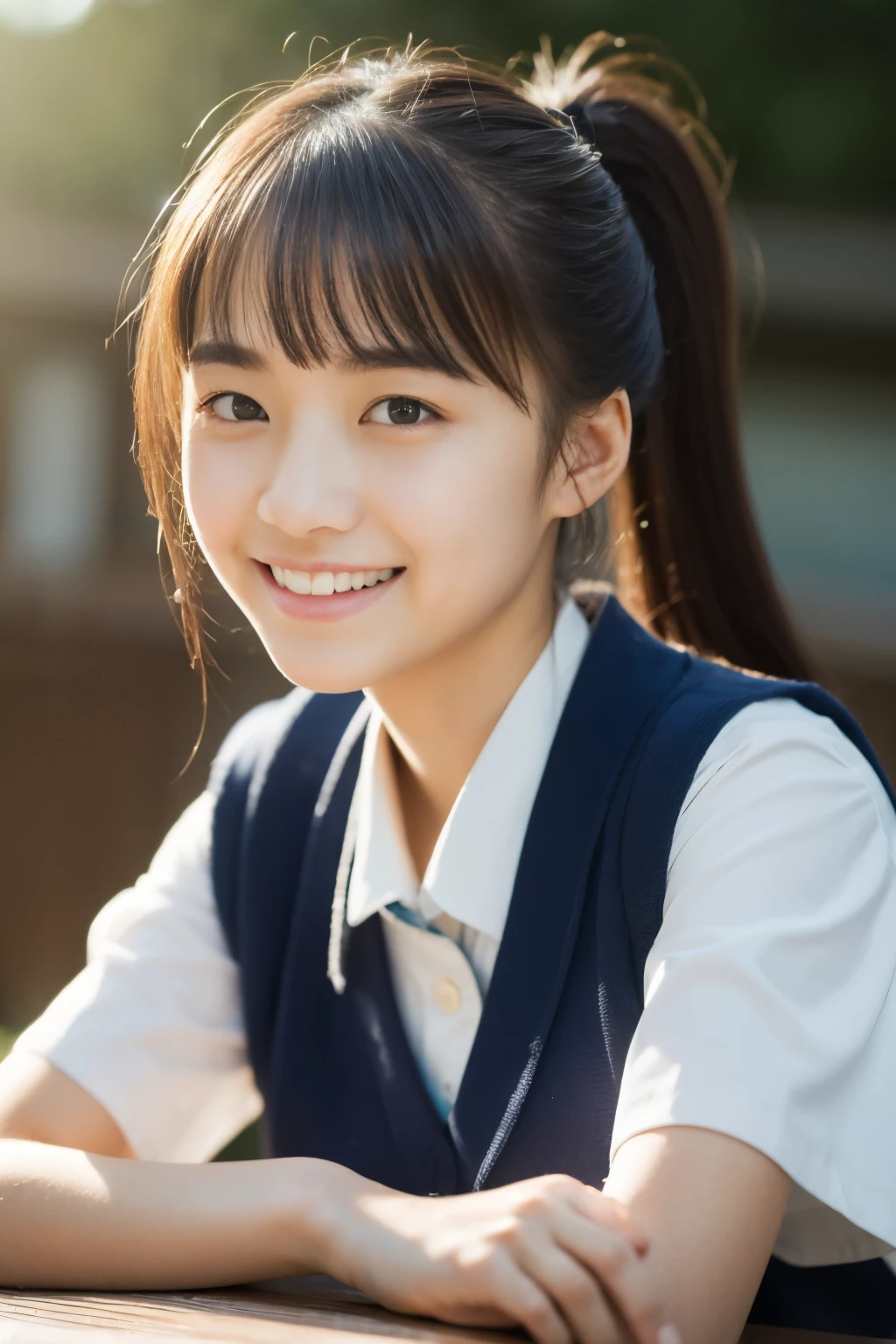 Lens 135mm f1.8, (highest quality),(RAW photo), (table top:1.1), (Beautiful 18 year old Japanese girl), cute face, (deeply carved face:0.7), (freckles:0.6), dappled sunlight, dramatic lighting, (japanese school uniform), (inside the school), shy, ponytail, (Close-up shots of:1.2), (smile),, (sparkling eyes)、(sunlight),