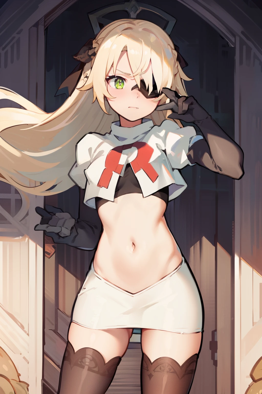 absurdres, fischl (dunkelnacht sakrament) (genshin impact), green eyes, (white pupils:1.2), fischl (genshin impact), medium_breasts, blonde hair, eyepatch, long hair, hair over one eye, bangs, hair ribbon, small breasts, 1girl, team rocket,team rocket uniform,white skirt,red letter R,crop top,black thigh-highs,black elbow gloves, embarrassed, blush