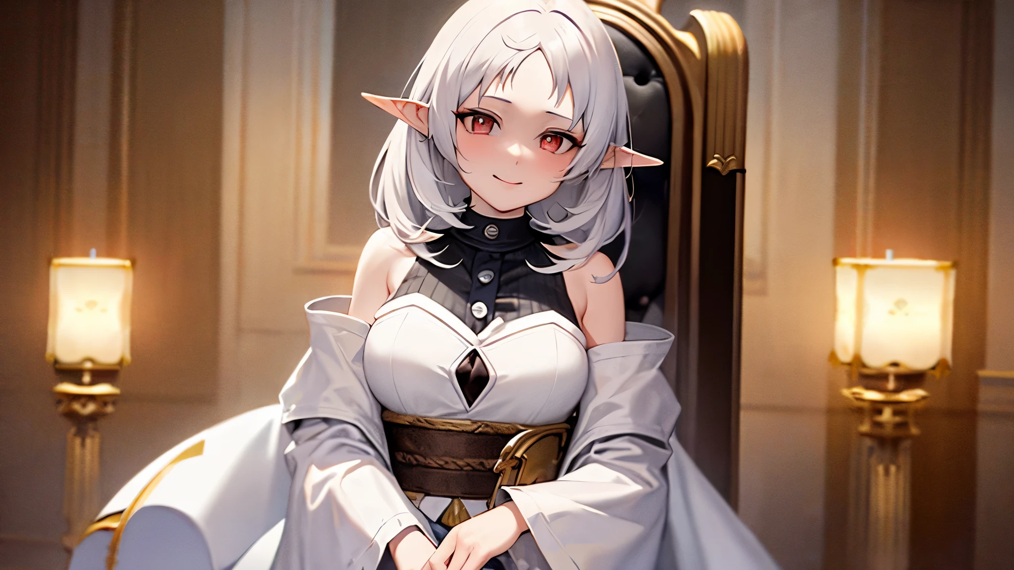 a cute character with a shy smile named Sylphie with elf-like ears and white short hair, the eyes are red colored with black pupils. She wears a crown as a royalty. The character is wearing a white long-sleeve shirt and a brown skirt, is sitted on the throne amidst a serene and beautifully illuminated throne room. Mushoku Tensei. anime style masterpiece.