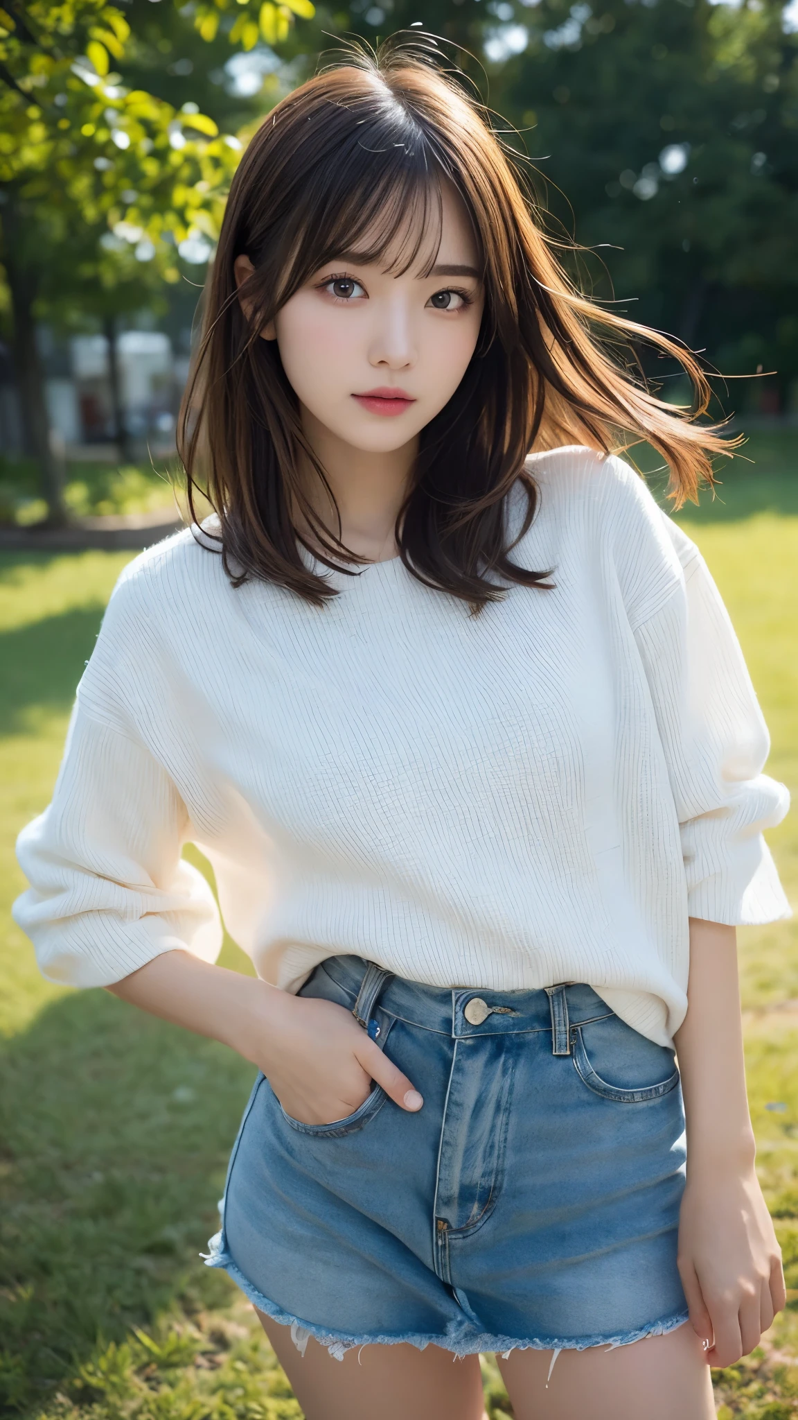 finely detail, hight resolution, hightquality、Perfect dynamic composition, Beautiful detailed eyes, Medium Hair, 、Natural Color Lip,Kamimei、Shibuya、20 years girl、1 persons、Transparent skin、Glowing hair、masutepiece, Best Quality, Illustration, Ultra-detailed, finely detail, hight resolution, 8K、The correct state of the human body、crouching down、standing pose、one hand on hip、full body photo、Hair soaring in the wind