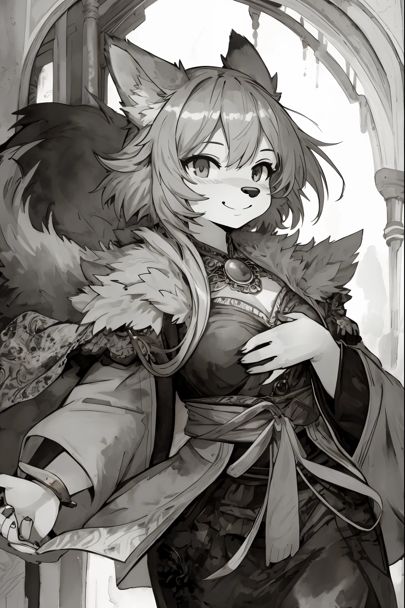 monochrome, watercolor, highres, top quality, best quality, paid reward available, High-quality illustrations, unparalleled masterpiece, perfect artwork, absurdres, 1girl, kemono, furry, detailed body fur, animal face, animal hand, Archaic Smile, holding a cluster of red garbera in both hands, which are positioned at chest level, She is wearing a simple ring on the ring finger of her left hand, unfocused spread of red pansy, fan-created work shared on platforms Pixiv or Twitter,