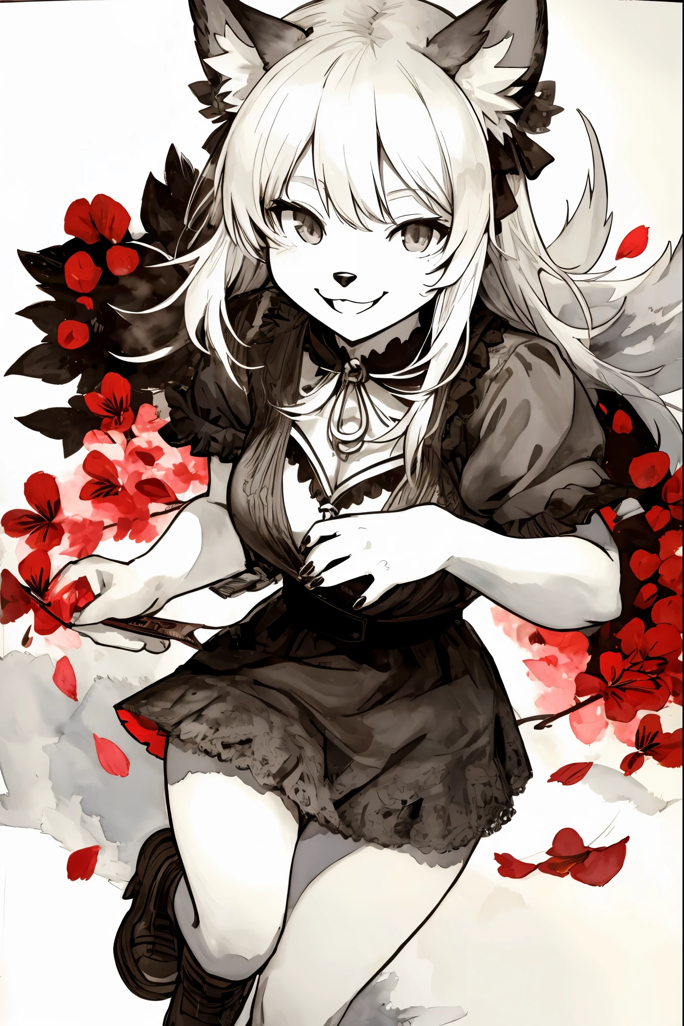 monochrome, watercolor, highres, top quality, best quality, paid reward available, High-quality illustrations, unparalleled masterpiece, perfect artwork, absurdres, 1girl, kemono, furry, detailed body fur, animal face, animal hand, Archaic Smile, holding a cluster of red garbera in both hands, which are positioned at chest level, She is wearing a simple ring on the ring finger of her left hand, unfocused spread of red pansy, fan-created work shared on platforms Pixiv or Twitter,