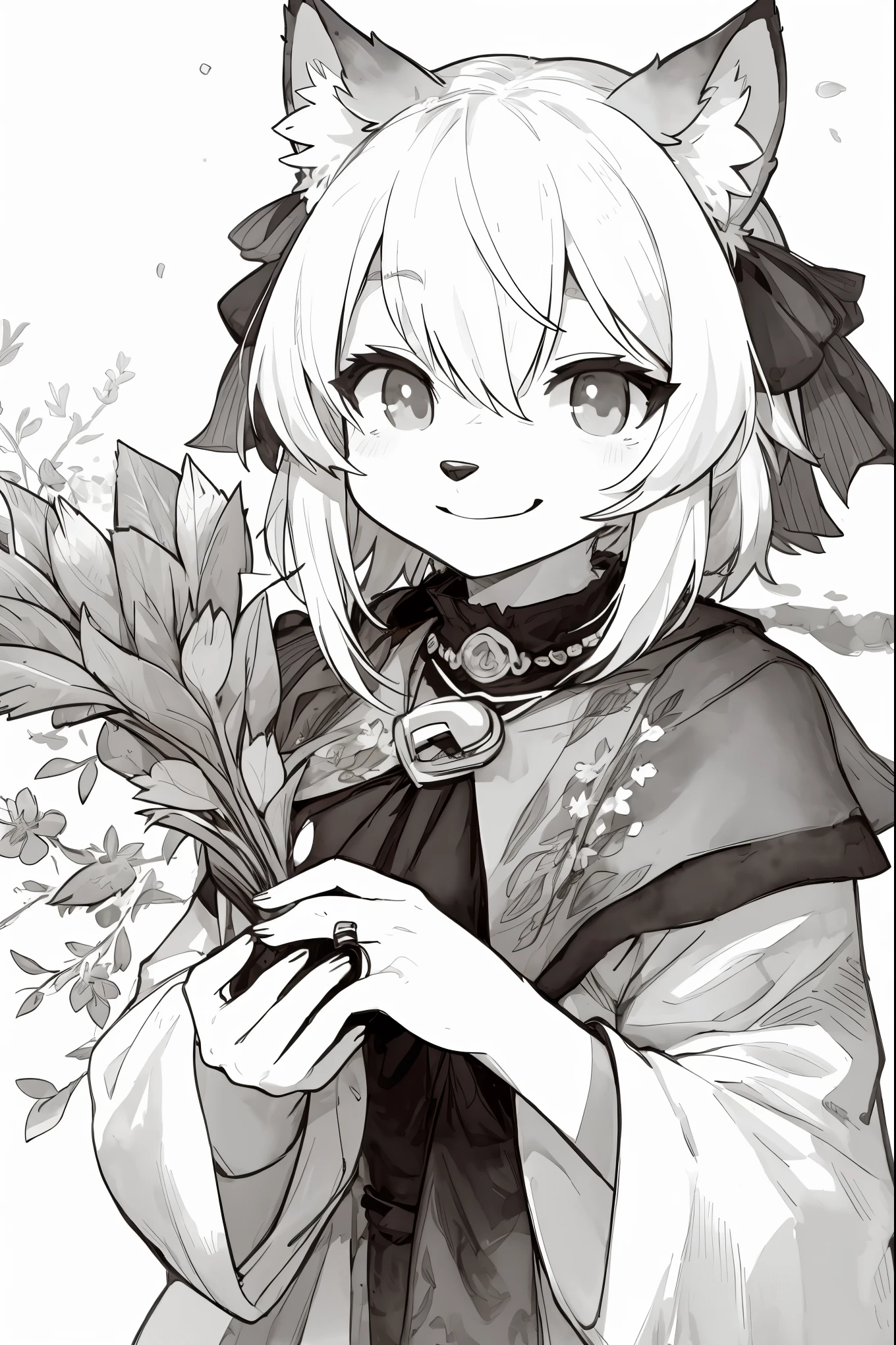 monochrome, watercolor, highres, top quality, best quality, paid reward available, High-quality illustrations, unparalleled masterpiece, perfect artwork, absurdres, 1girl, kemono, furry, detailed body fur, animal face, animal hand, Archaic Smile, holding a cluster of red garbera in both hands, which are positioned at chest level, She is wearing a simple ring on the ring finger of her left hand, unfocused spread of red pansy, fan-created work shared on platforms Pixiv or Twitter,
