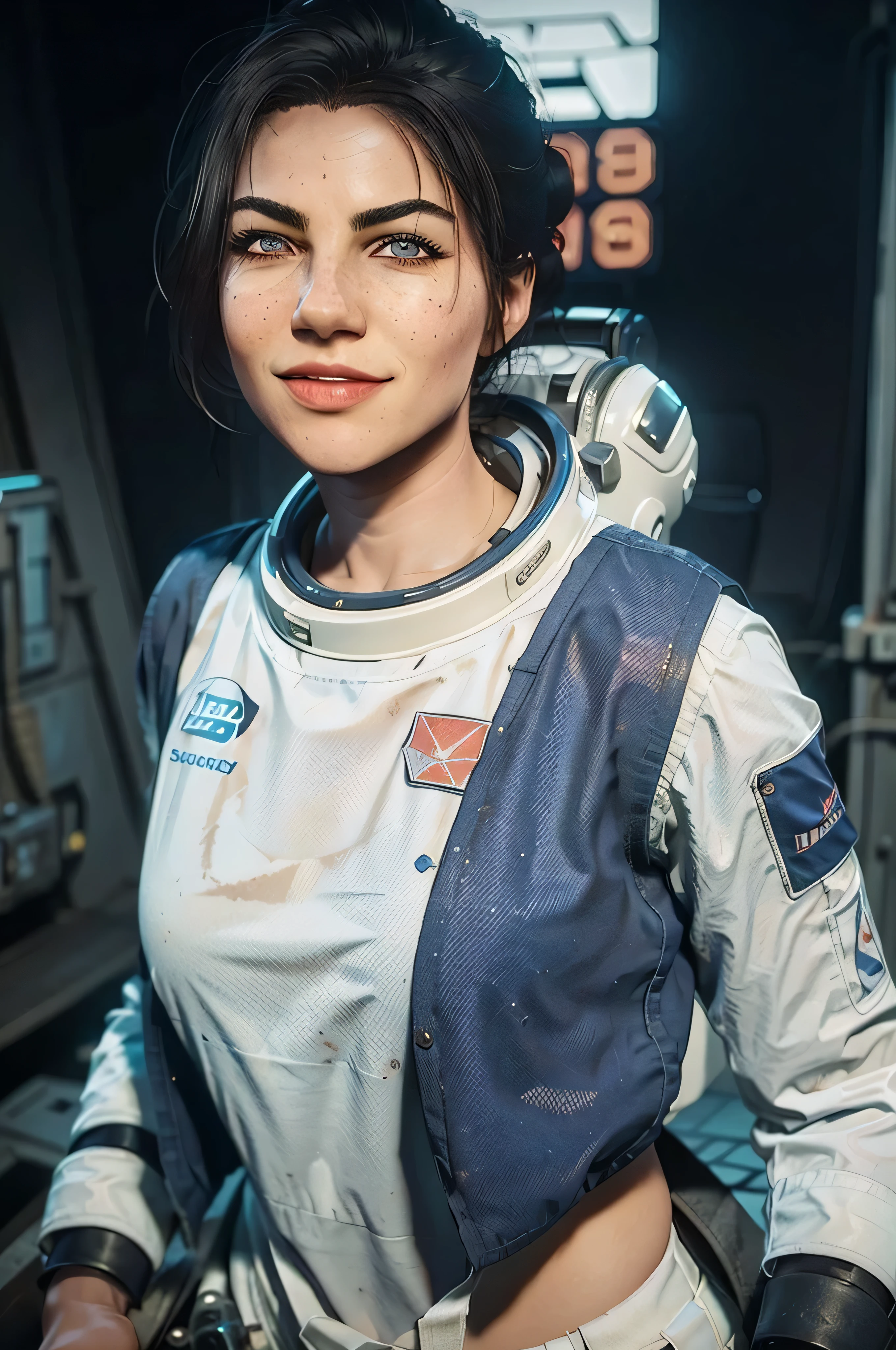 Abigail Marston,Sozinho,cabelo castanho,olhos azuis,lips,sardas,cabelo curto,rabo de cavalo, foco facial, tronco, sorriso desajeitado, Ryder, white and blue spacesuit space capsule, luzes de neon, (incrivelmente detalhado, lindo rosto detalhado, obra de arte, melhor qualidade) 