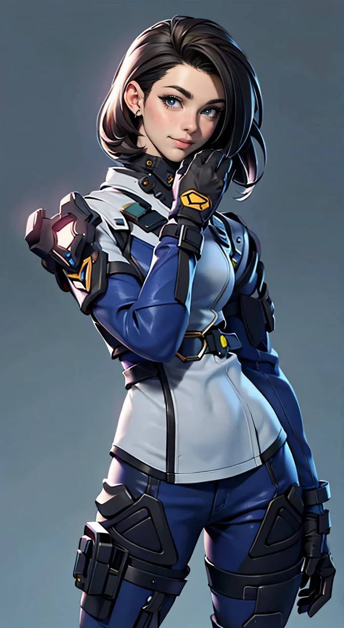 11:23(((best quality: 1.4))),(Unparalleled masterpiece), (ultra high definition),(Hyper-realistic 8K CG)、(one hand action),(dark hair) ((( Body))), (((1 girl in))), 25-year-old American soldier with perfect Body,,Beautiful and well groomed face,muscular Body:1.2,Solid royal blue dress with details, (Pictures from head to thighs), Complex equipment, Purple,trousers,The clothes inside are dark,Clothes with armored metal electronic parts,big,Strong build