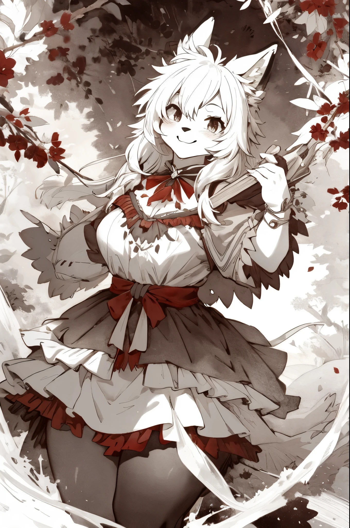 monochrome, watercolor, highres, top quality, best quality, paid reward available, High-quality illustrations, unparalleled masterpiece, perfect artwork, absurdres, 1girl, kemono, furry, detailed body fur, animal face, animal hand, Archaic Smile, holding a cluster of red garbera in both hands, which are positioned at chest level, She is wearing a simple ring on the ring finger of her left hand, unfocused spread of red pansy, fan-created work shared on platforms Pixiv or Twitter,