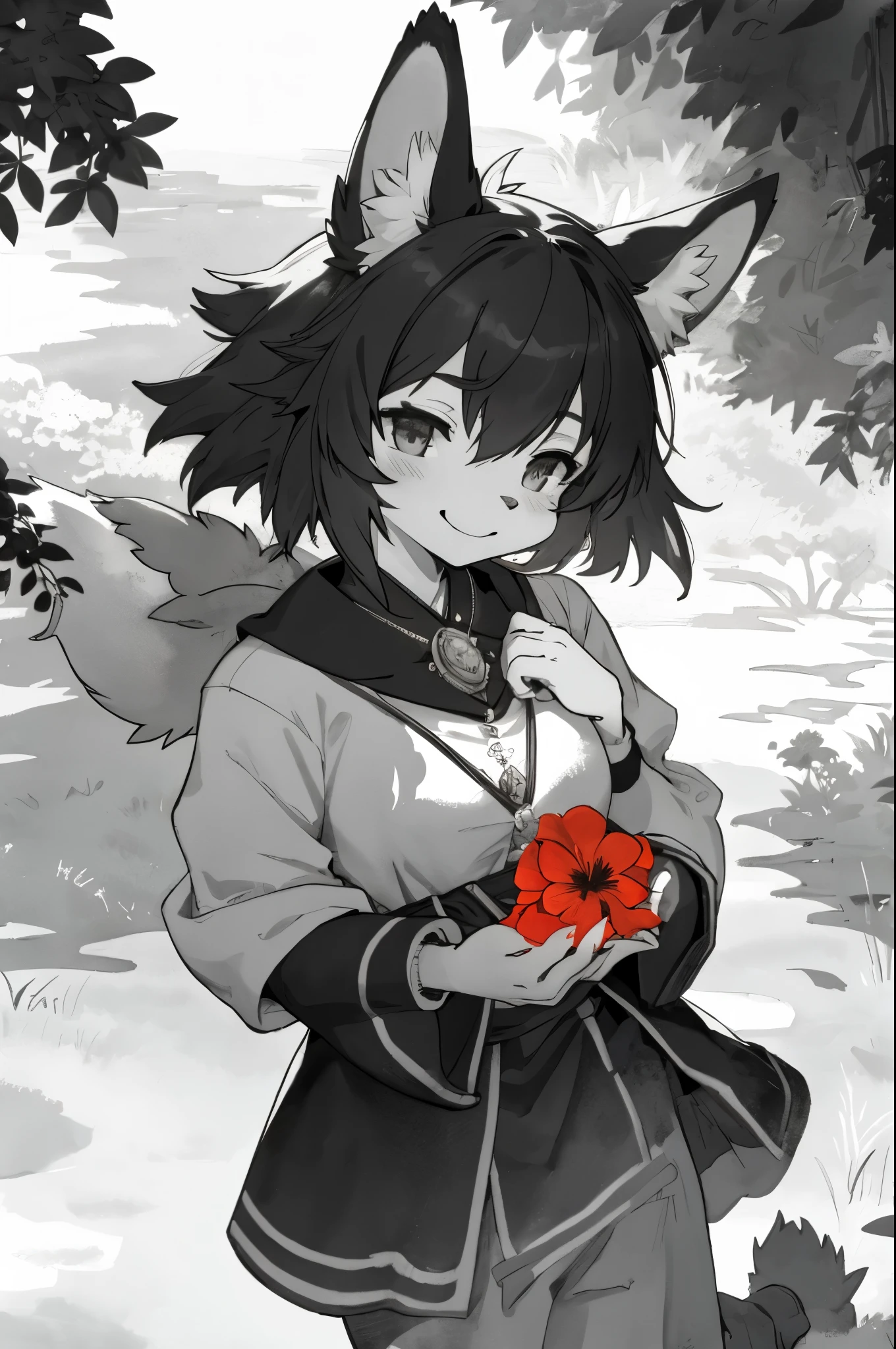 monochrome, watercolor, highres, top quality, best quality, paid reward available, High-quality illustrations, unparalleled masterpiece, perfect artwork, absurdres, 1girl, kemono, furry, detailed body fur, animal face, animal hand, Archaic Smile, holding a cluster of red garbera in both hands, which are positioned at chest level, She is wearing a simple ring on the ring finger of her left hand, unfocused spread of red pansy, fan-created work shared on platforms Pixiv or Twitter,