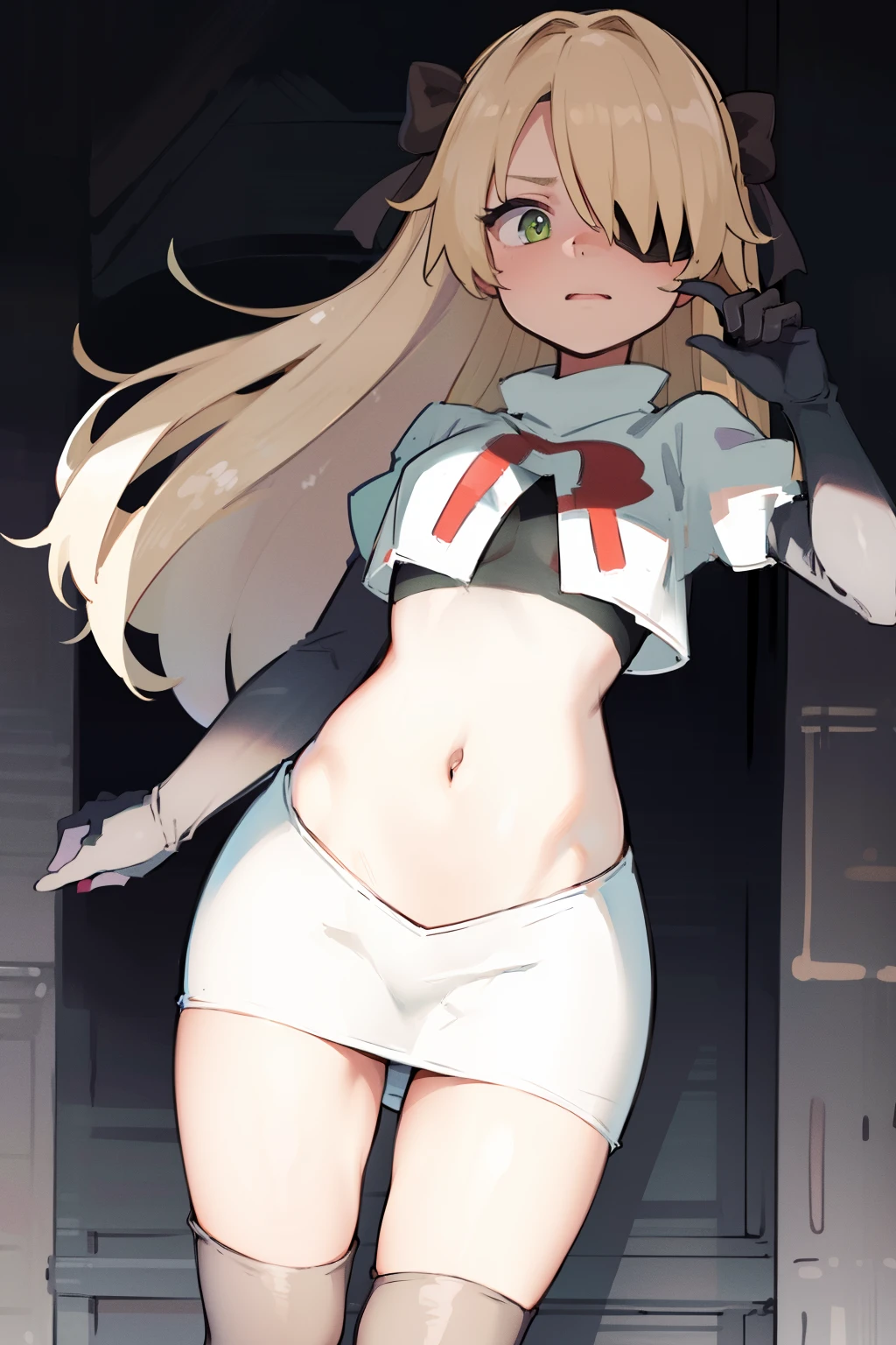 absurdres, fischl (dunkelnacht sakrament) (genshin impact), green eyes, (white pupils:1.2), fischl (genshin impact), medium_breasts, blonde hair, eyepatch, long hair, hair over one eye, bangs, hair ribbon, small breasts, 1girl, team rocket,team rocket uniform,white skirt,red letter R,crop top,black thigh-highs,black elbow gloves, embarrassed, blush