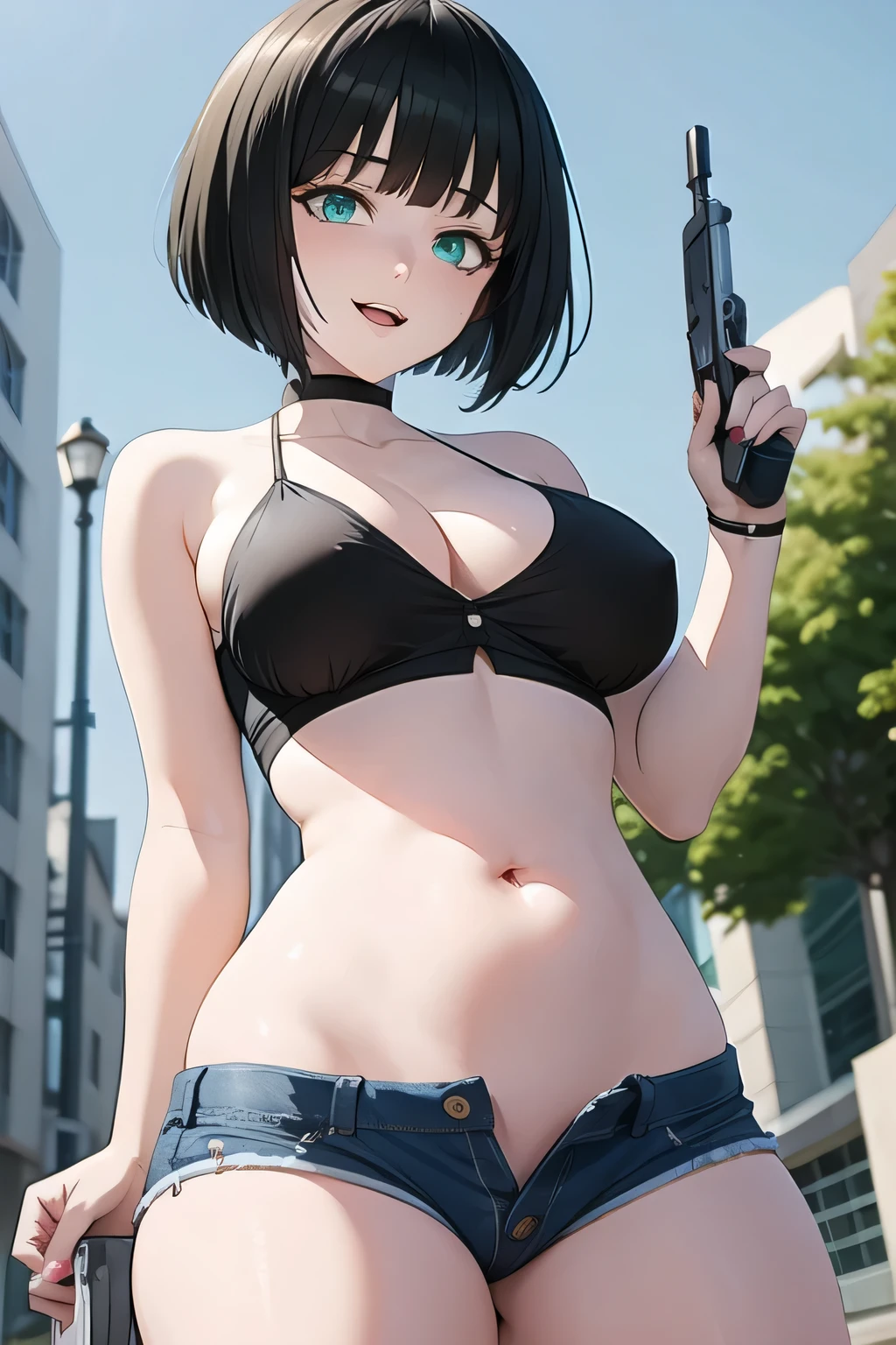I-no, 1girl, short hair, black hair, solo, choker,  mole above mouth, large breasts, masterpiece,high quality,4k, bare shoulder,belly,crop top,outdoor,cleavage,jeans,casual
dress,street,road,smile, open mouth, (nsfw) not safe for work, holding a gun,handgun, evil expression,
exposed belly, exposed navel, exposed midriff, exposed lower belly, crop top overhang, underboob,
unbuttoned jeans , low rise black jeans, Low rise jeans, Low rise jeans with open fly, navel piercing