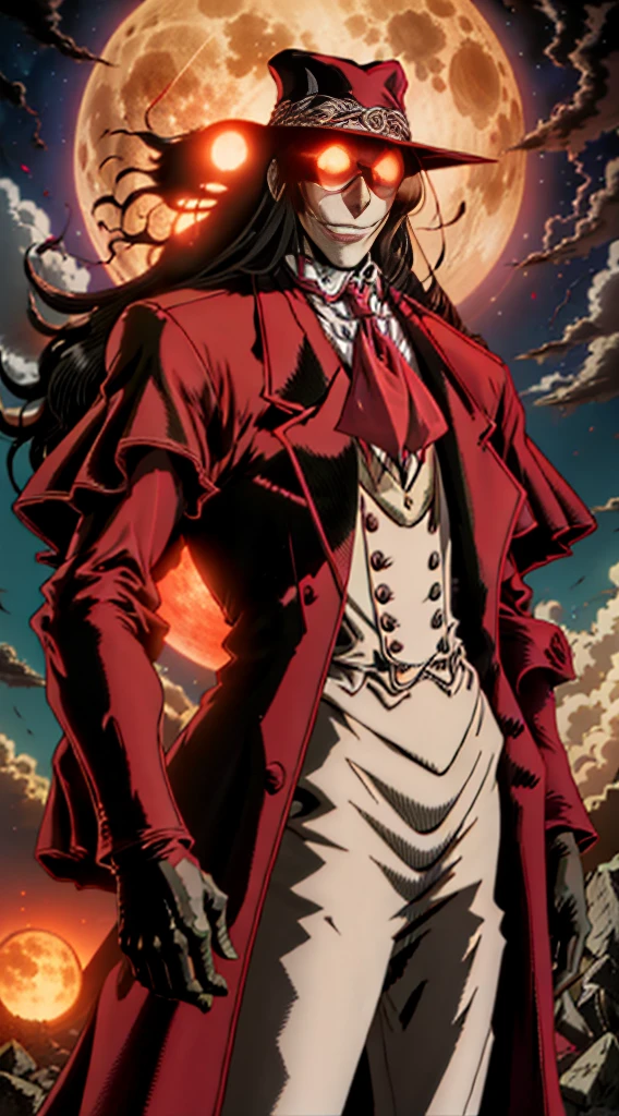 Hellsing, personagem alucard, Standing character, sobretudo vermelho, olhos vermelhos, paisagem de noite, lua vermelha de fundo,