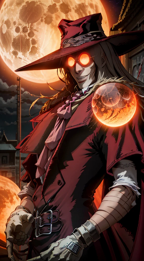Hellsing, personagem alucard, Standing character, sobretudo vermelho, olhos vermelhos, paisagem de noite, lua vermelha de fundo,
